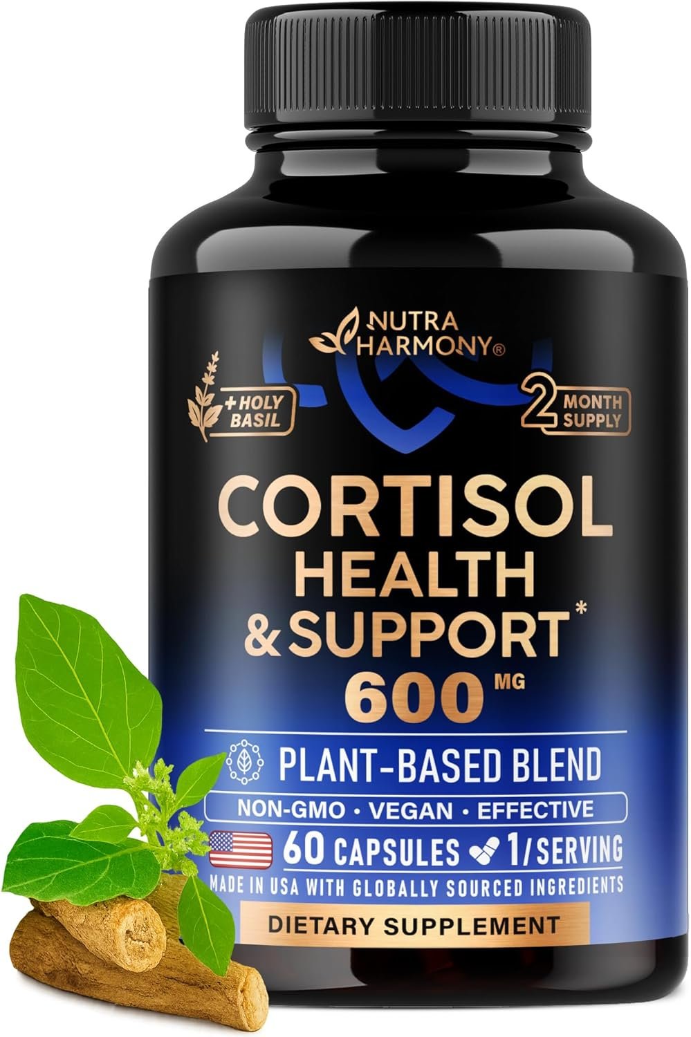 Cortisol Supplement for Women – Holy Basil, Ashwagandha & Rhodiola, 60 Caps | Plant-Based Hormone Balance – Holy Basil, Rhodiola & L-Theanine – Mood, Focus & Sleep – Lab Tested, Vegan – 2-Month Supply
