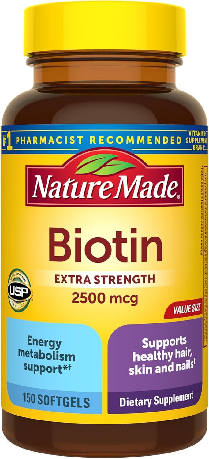 Nature Made Biotin 2500 mcg Extra Strength, 150 Softgels | Biotin Supplements for Women and Men to Support Healthy Hair Skin and Nails for Those Low in Biotin, 150 Day Supply