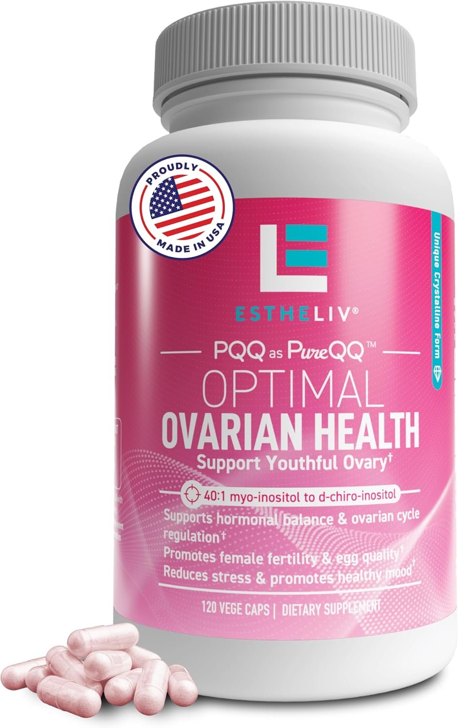 Optimal Ovarian Health Myo-Inositol + D-Chiro & PQQ 120 Capsules | Inositol Supplement for Women | Fertility, Hormonal & Ovarian Support | PCOS Ideal 40:1 Ratio Vitamin B8 Inositol Non-GMO