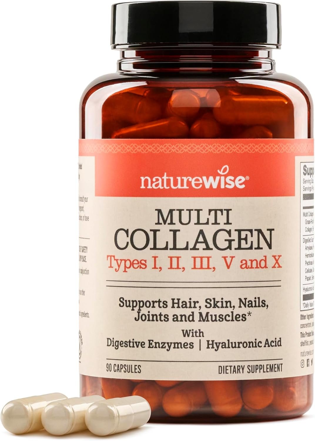 NatureWise Multi Collagen Peptides Pills for Women & Men – Type I, II, III, V, X w/Hyaluronic Acid – Supports Skin, Hair, Joint Health* – Grass Fed, Gluten Free, Non-GMO – 90 Capsules[30 Day Supply]