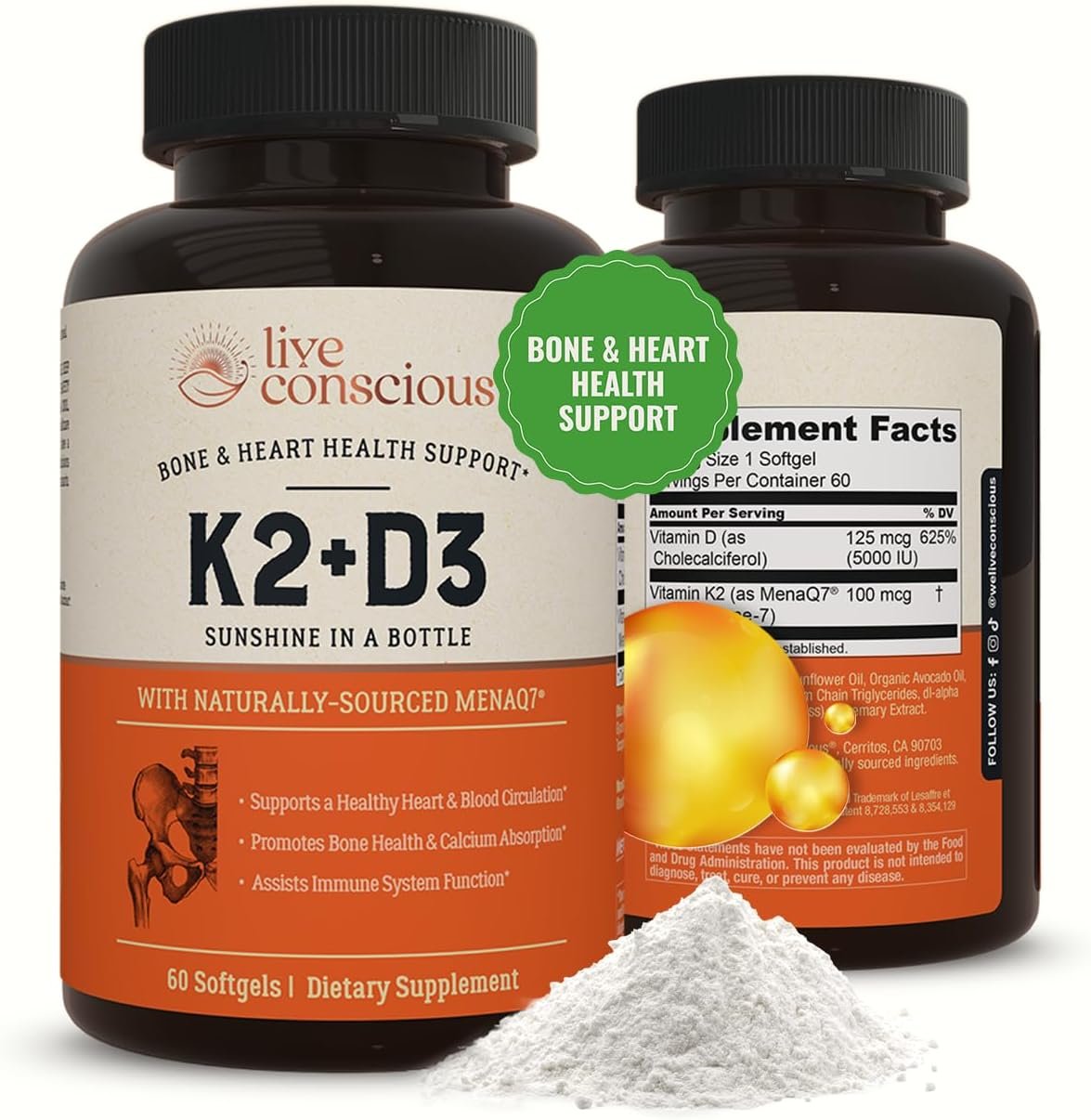 Live Conscious Vitamin K2 MK7 with D3 Supplement | Bone & Heart Health Support – Patented Vitamin K & Vitamin D3 5000 IU – 60 Softgels