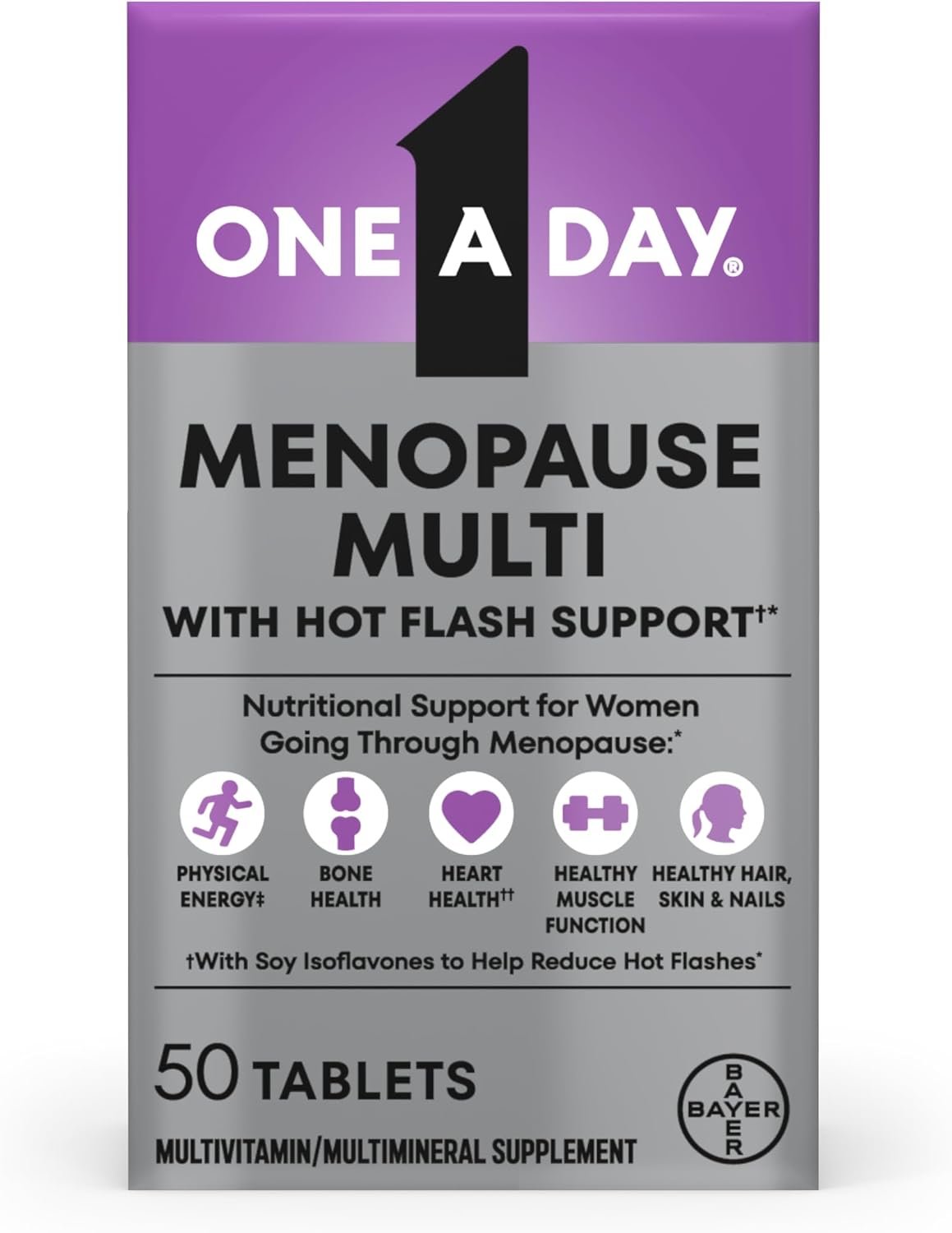One A Day Women’s Menopause Multivitamin, Menopause Support, 50 Count | Soy Isoflavones for hot flash support (3), Convenient daily tablet, For women 50+