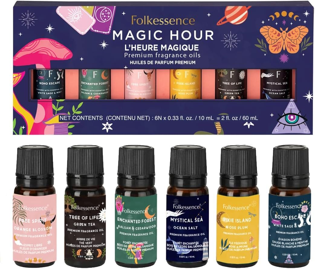 Folkulture Essential Oils Set for Diffuser, Set of 6, Meditation & Wellness | Fragrance Oils for Relaxation, Orange & More, Magic Hour, Aromatherapy Scents – White Sage, Green Tea, Cedarwood, Rose