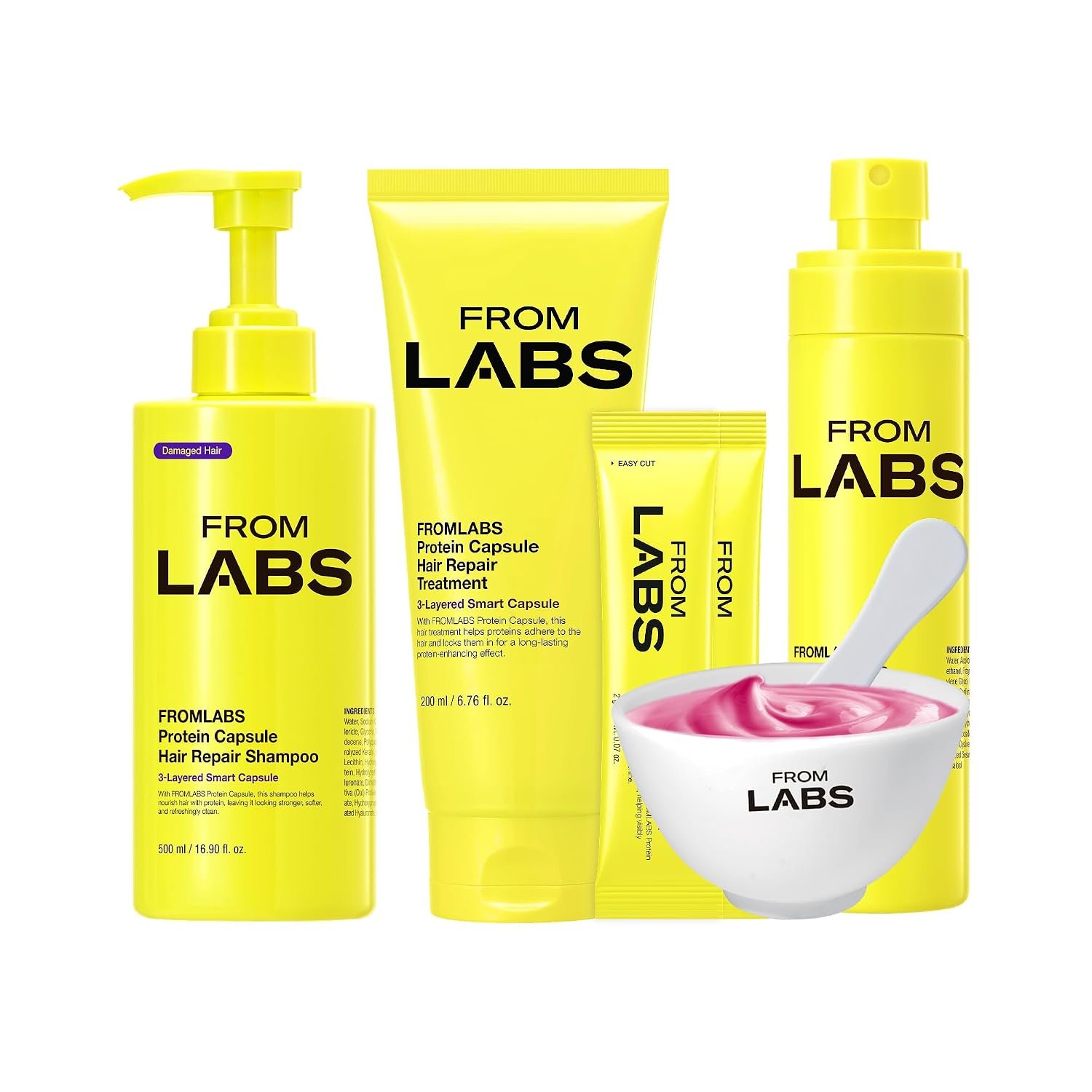 FROMLABS Korean Glass Hair Care Routine Set – Color Safe Shampoo, Deep Conditioning Protein Hair Mask, Keratin Bond Repair Powder, Leave-In Anti-Frizz Detangler Spray | for Curly, Wavy, Damaged Hair
