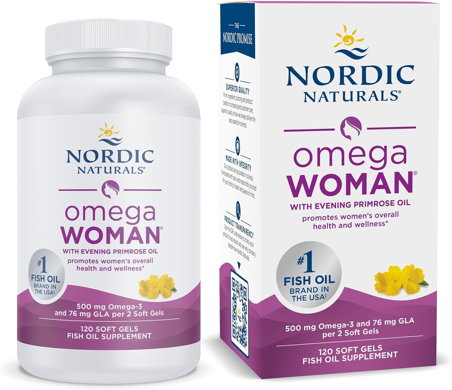 Nordic Naturals Women’s Omega-3 w/Evening Primrose Oil, Lemon – 120 Count | 800mg Evening Primrose Oil w/GLA for menopause relief (hot flashes, night sweats). Hormonal balance. 60-day supply.