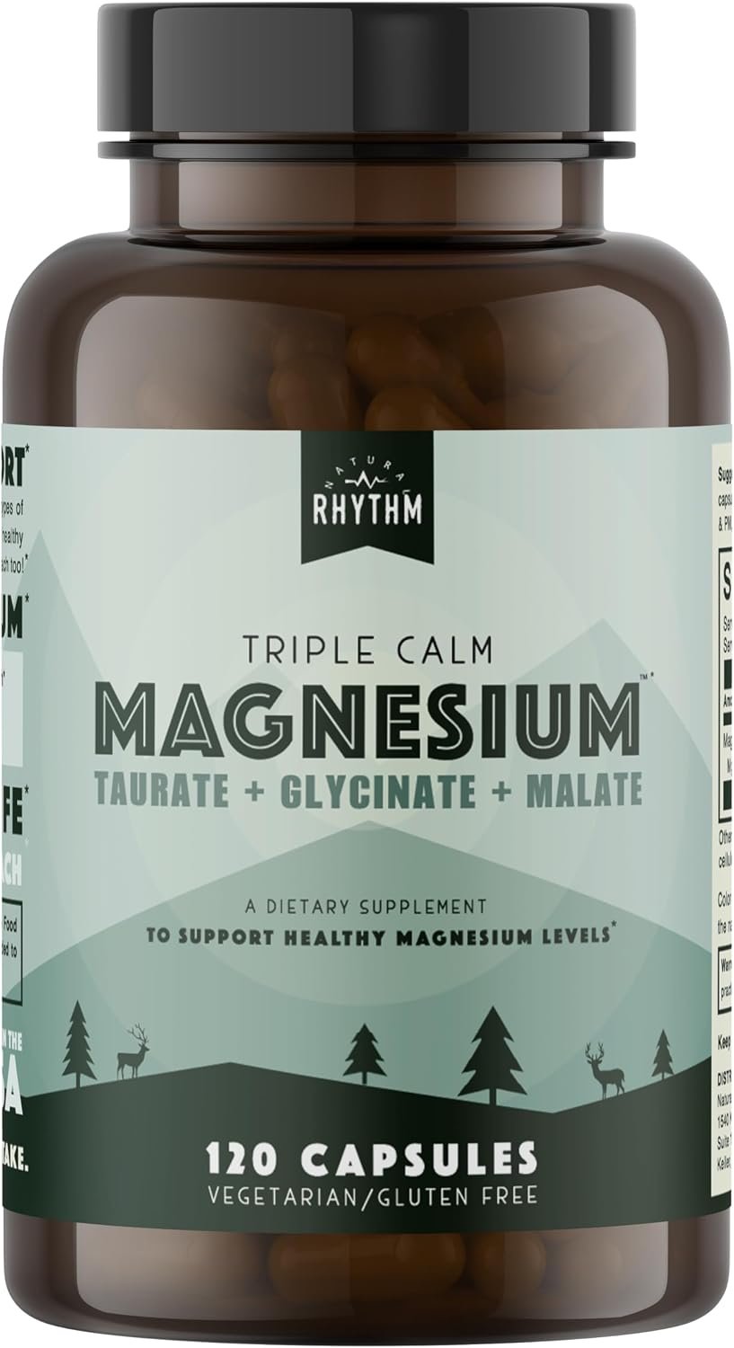 Natural Rhythm Triple Calm Magnesium Complex – 120 Capsules, Chelated Magnesium Glycinate, Taurate & Malate, High Absorption Supplement for Sleep, Stress, Muscle & Heart Support, Non-GMO, Vegan