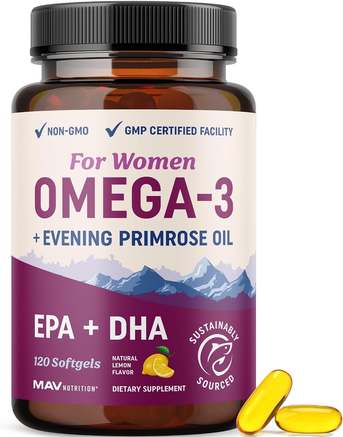 Fish Oil Omega 3 Supplements for Women, DHA + EPA, Heart Health Support | Hormone Balance & Skin Health Support, 600MG Omega3 + 800MG Evening Primrose Oil, Omega 3 Supplement for Women, 120 Softgels
