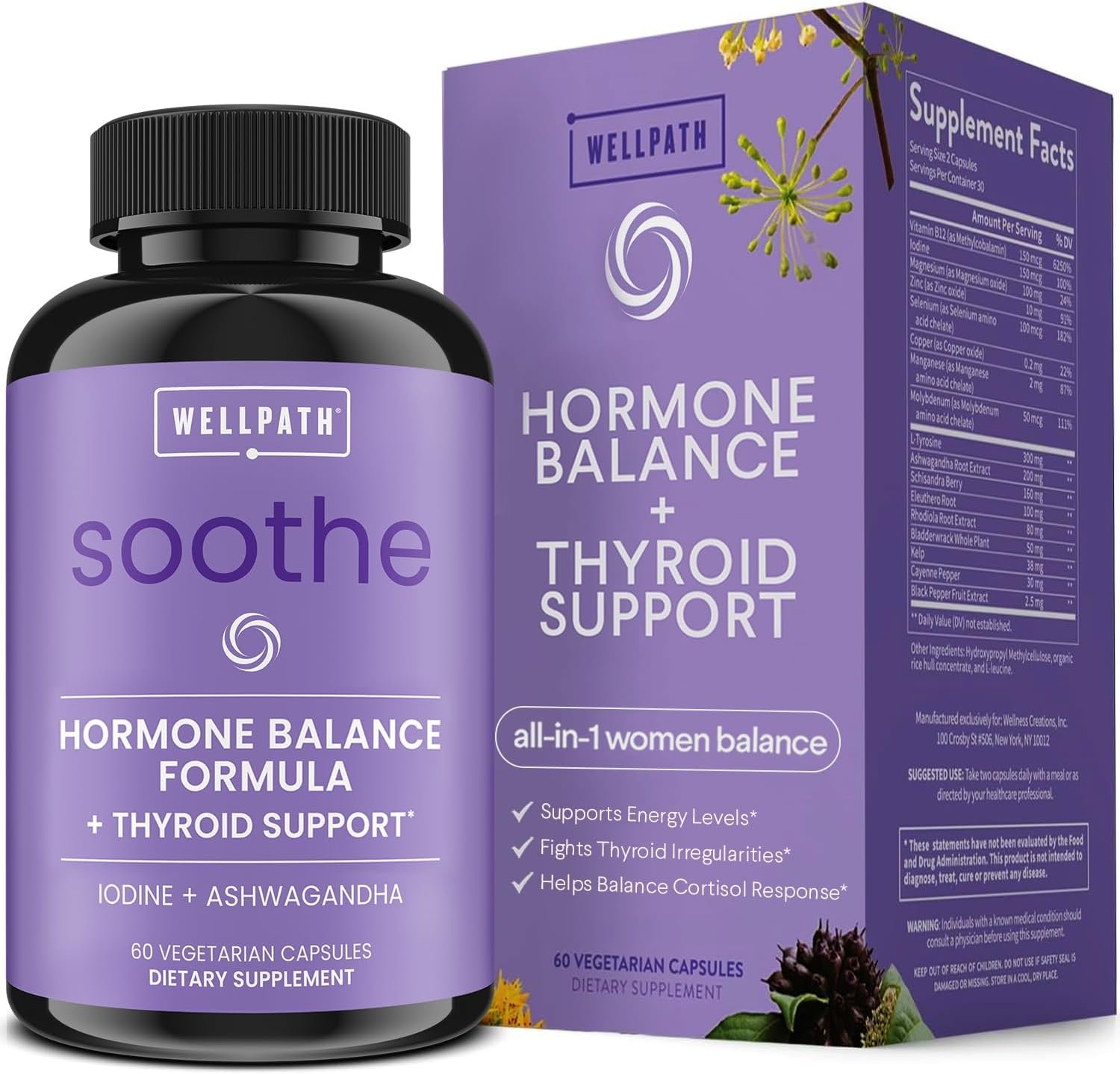 WellPath Soothe Hormone Balance for Women & Thyroid Support, 60 Ct | Mood & Adrenal Support Supplements – Ashwagandha, Rhodiola, Iodine, Selenium, L-Tyrosine – Non-GMO, Gluten-Free, 60 Ct