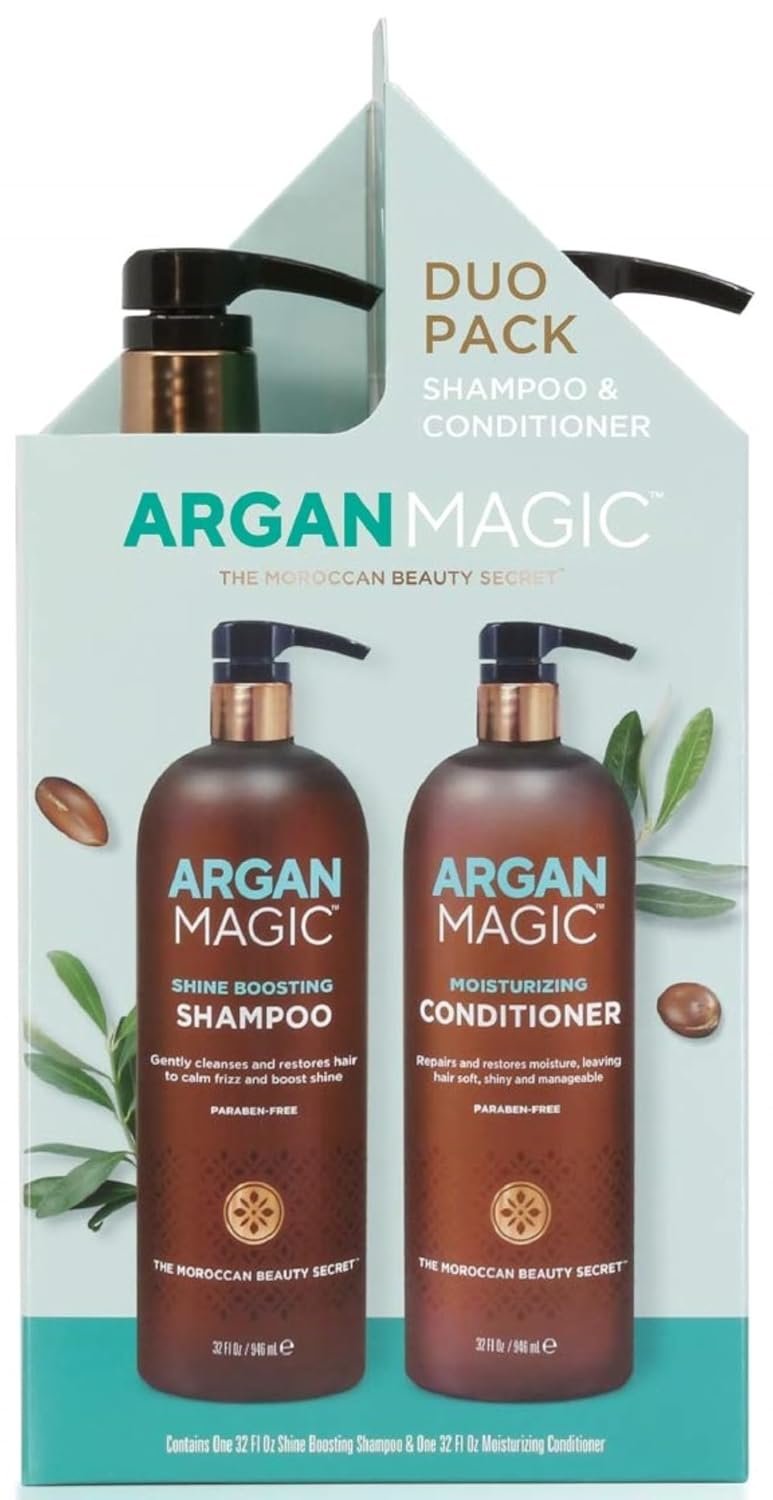 Argan Magic Shine Boosting Shampoo & Moisturizing Conditioner Duo – Gently Cleanses, Boosts Shine, Controls Frizz, Restores Moisture, Detangles | Paraben Free, (32 oz)