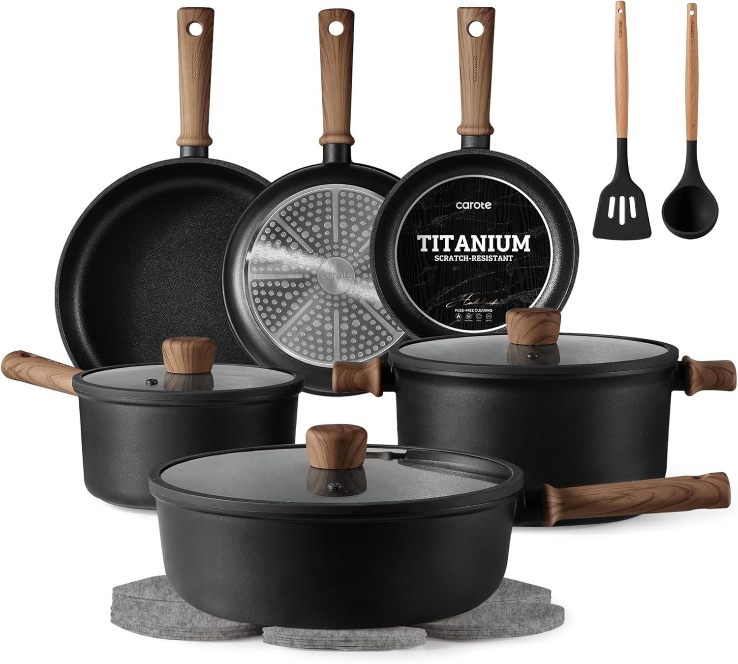 CAROTE 16pcs Pots and Pans Set, Nonstick Cookware Sets | Titanium Reinforced Coating, Scratch-Resistant, Easy to Clean, Even Heating, Induction Compatible, with Frying Pans Set