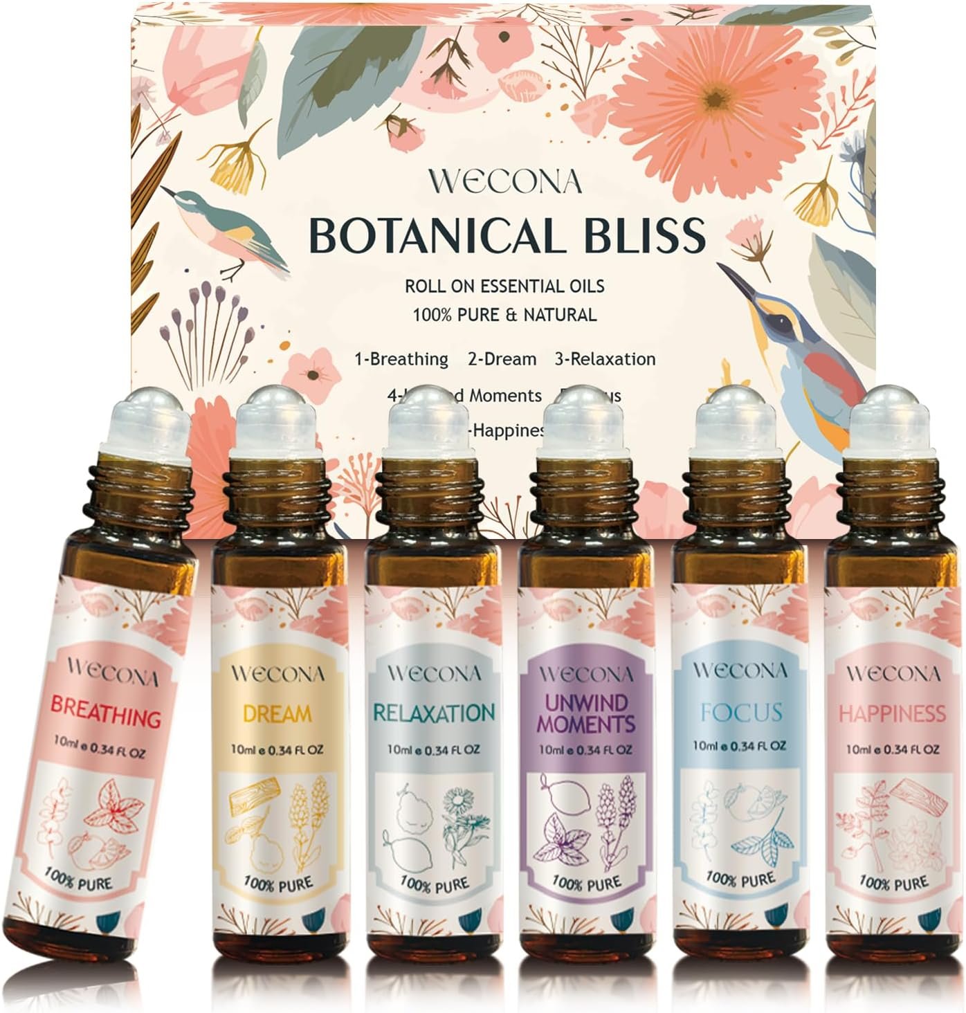WECONA Essential Oil Roller Set, 6 x 10 mL Roll On Essential Oils | Essential Oil Roll On, Botanical Scent Blends, Grape Seed Carrier Oil, Travel Size, 6 Pack