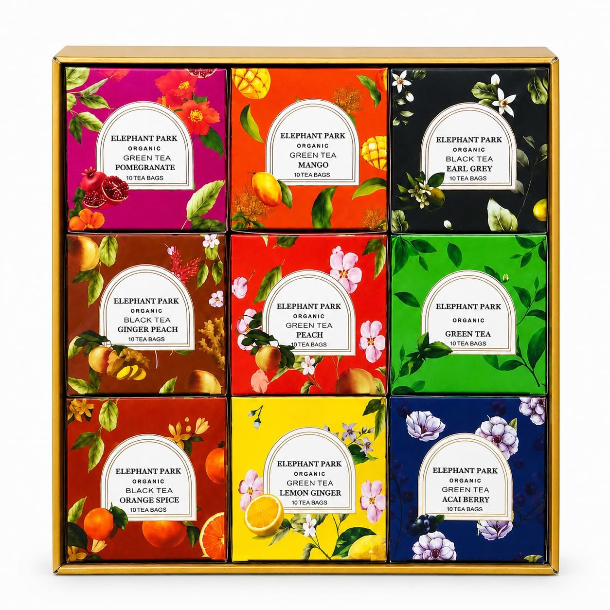 Premium Organic Holiday Tea Bag Sampler Gift Box – 90 Bags 9 Exotic Flavors Herbal Orange Spice, Mango, Earl Grey, Pomegranate, Peach, Green, Ginger Peach, Lemon Ginger, Acai Berry