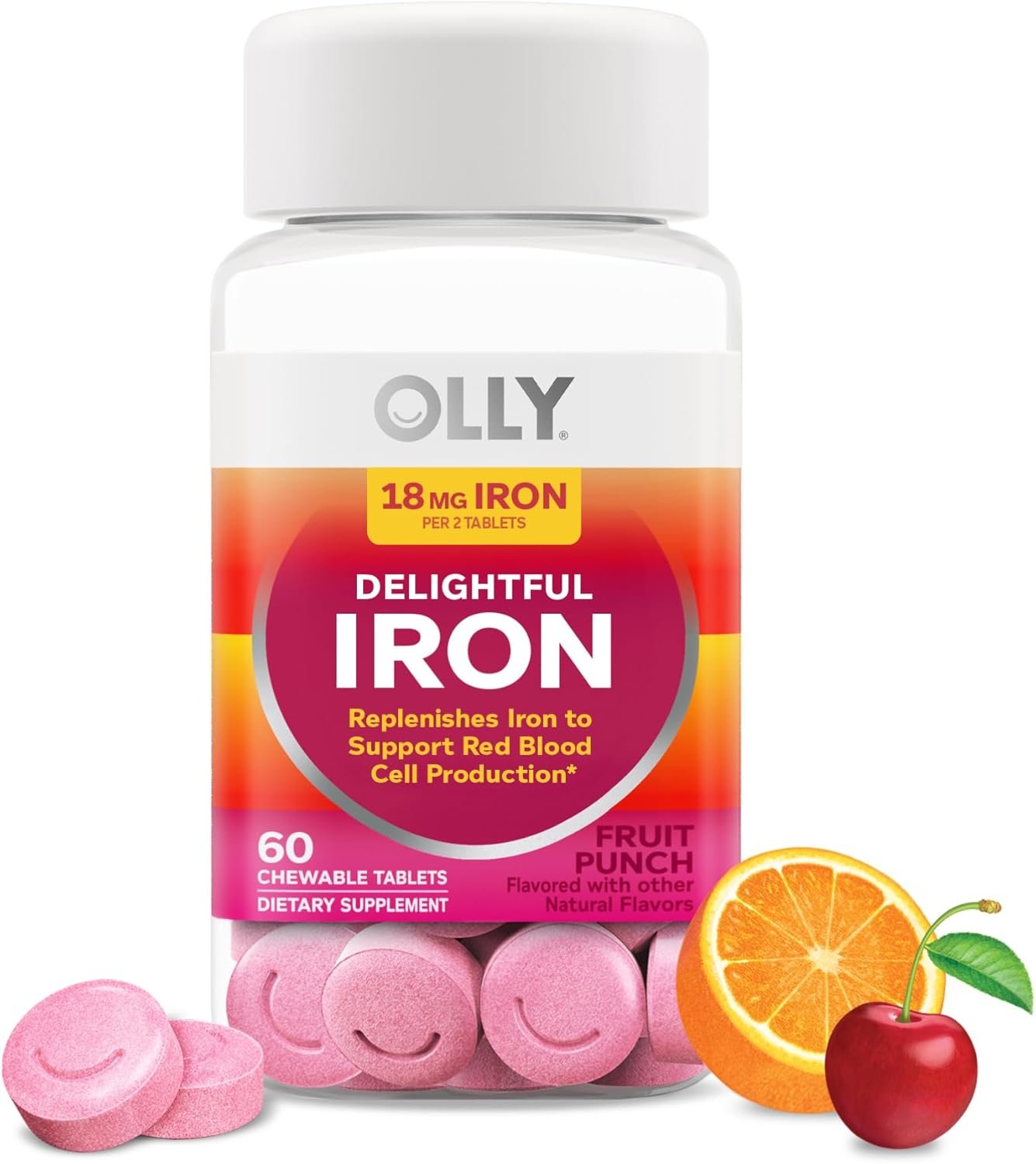 OLLY Delightful Iron Chewable Tablet, 18 mg Iron, Fruit Punch – 60 Count