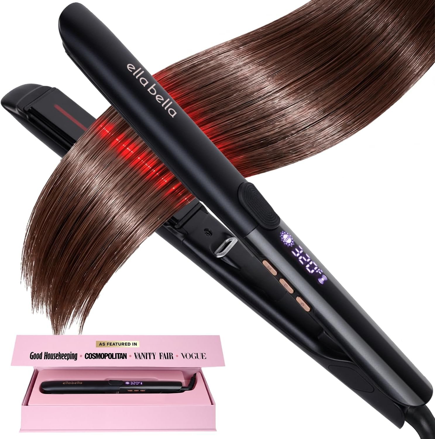 ELLA BELLA® Titanium Flat Iron Hair Straightener (with Infrared) • Professional Straightening Iron • Digital Display to Accurately Control Temperature • As Featured in Good Housekeeping