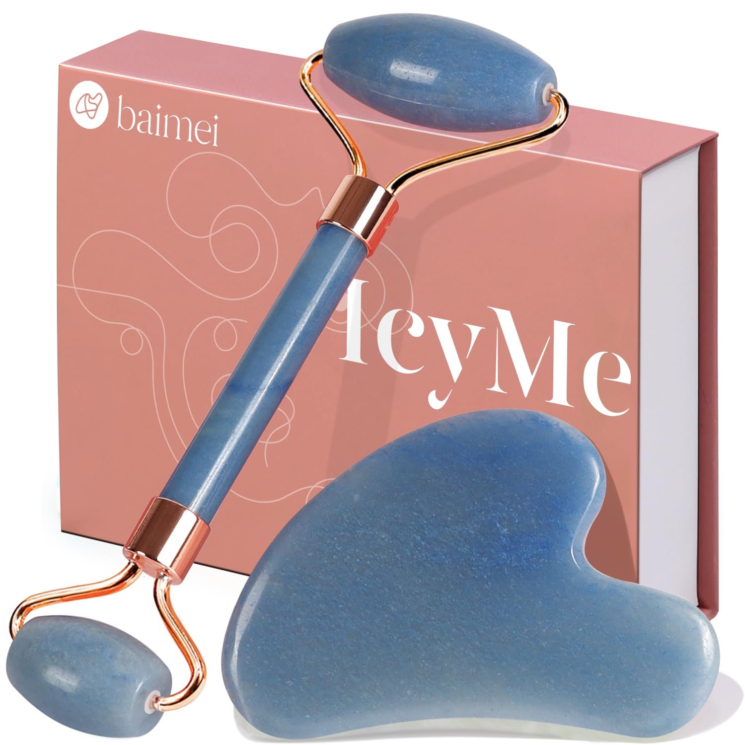 BAIMEI IcyMe Gua Sha & Jade Face Roller Set,Facial Beauty Skin Care Tools | Self Care Gifts for Women, Massager for Face, Eyes, Neck,Cooling and Smoothing, Reduce Puffiness & Jawline Definition – Blue