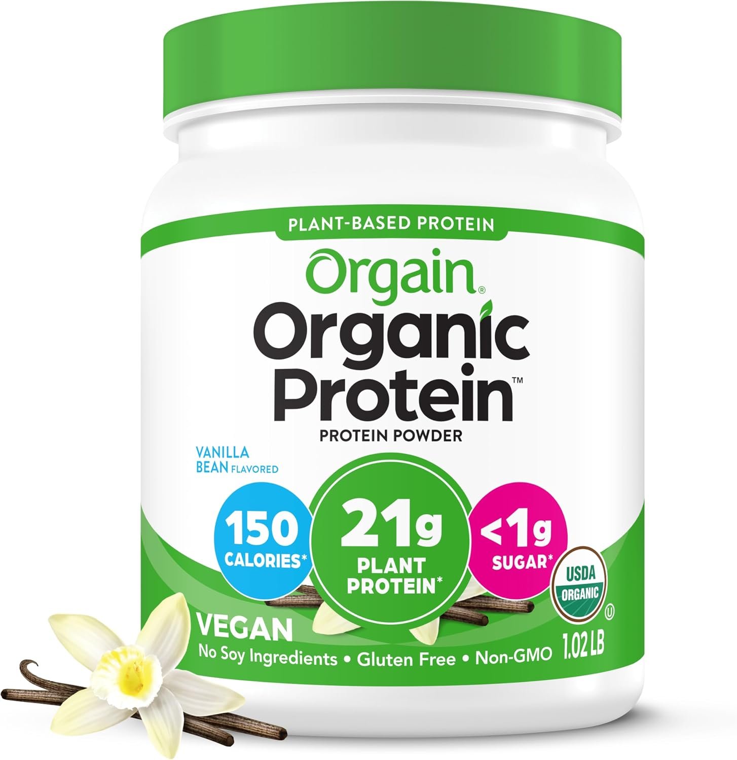 Orgain Organic Vegan 21g Protein Powder, Vanilla Bean, 1.02 lb