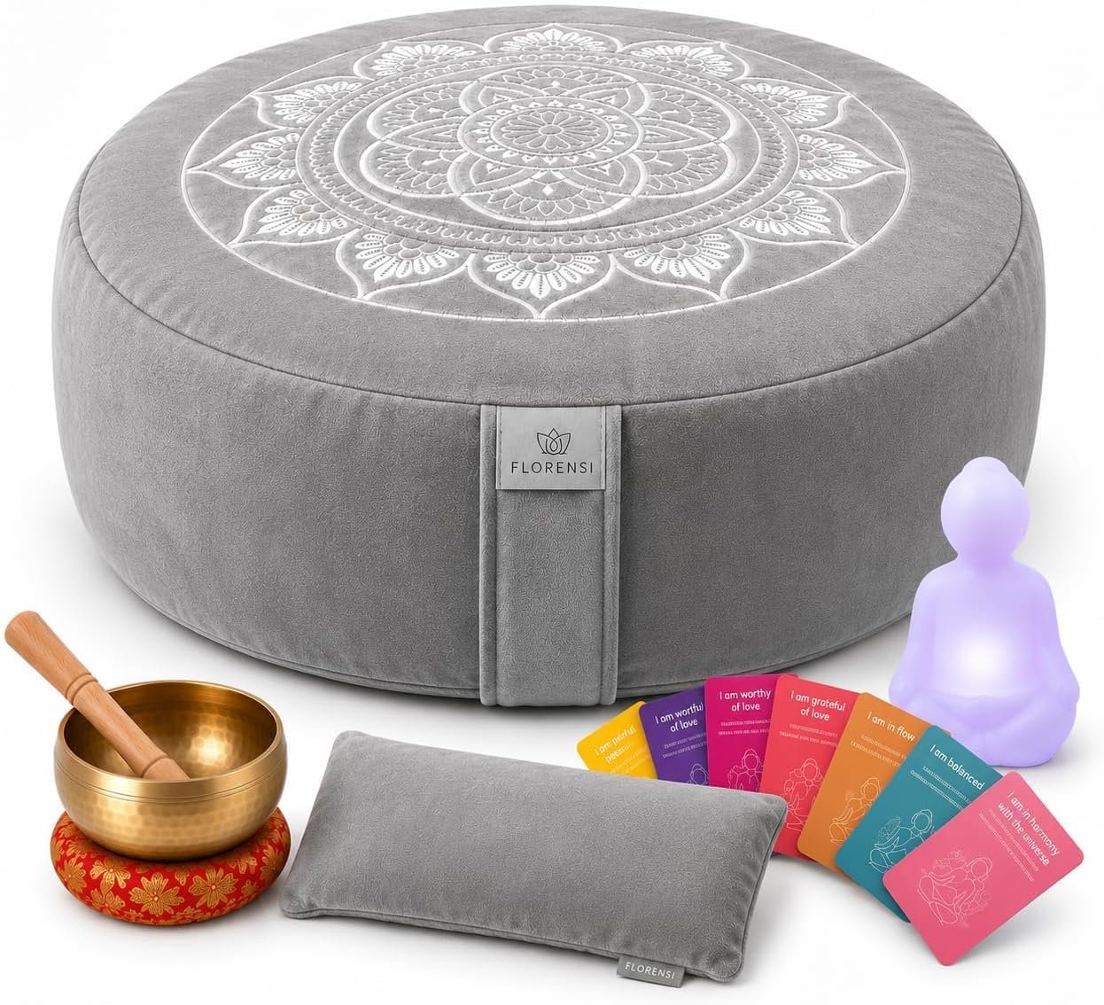 Meditation Cushion Set, Buckwheat Zafu Pillow for Yoga Practice | Breathing light, singing bowl, eye pillow and affirmation cards for mindfulness, relaxation and daily home practice