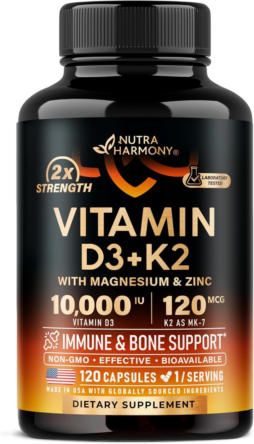 Vitamin D3 K2 – Vitamin D3 10000 iu & K2 as MK-7 120 mcg Complex – 120 Caps | D3 K2 + Magnesium, Zinc & Vitamin C & B12- Immune & Mood Support, Bone & Teeth Health – for Men & Women – Highly Bioavailable