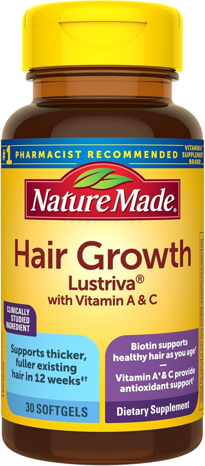 Nature Made Hair Growth Softgels, 30 Softgels | Clinically Studied Lustriva + Biotin, Vitamin C & A, Hair Growth Vitamins, Support Healthy Hair as You Age, 30 Day Supply
