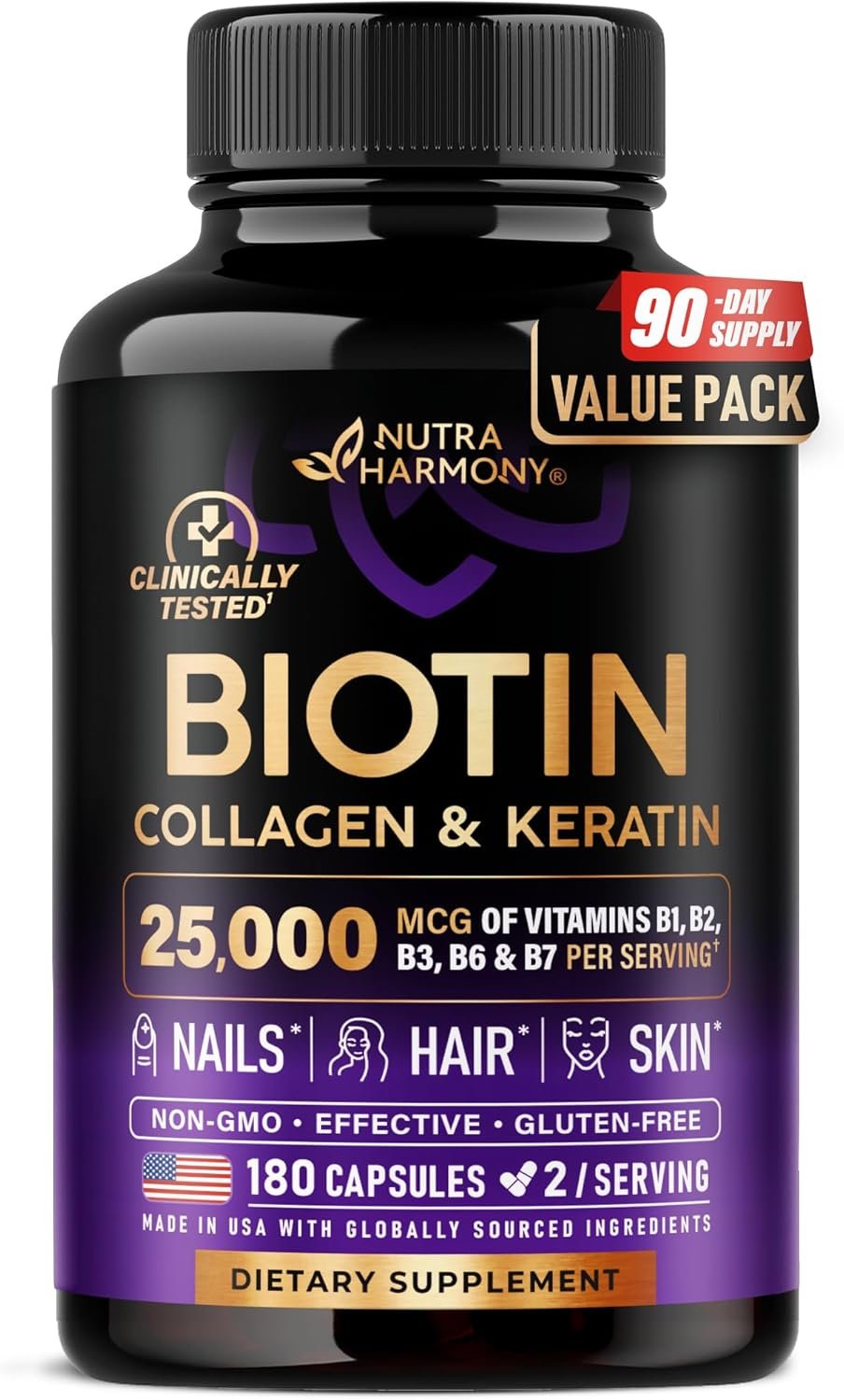 Biotin, Collagen, Hyaluronic Acid & Keratin – Hair Growth Support, 180 Caps | Hair, Skin & Nails Vitamins – Clinically Tested Supplement for Men & Women – 25000mcg Vitamins B1, B2, B3, B6 & B7