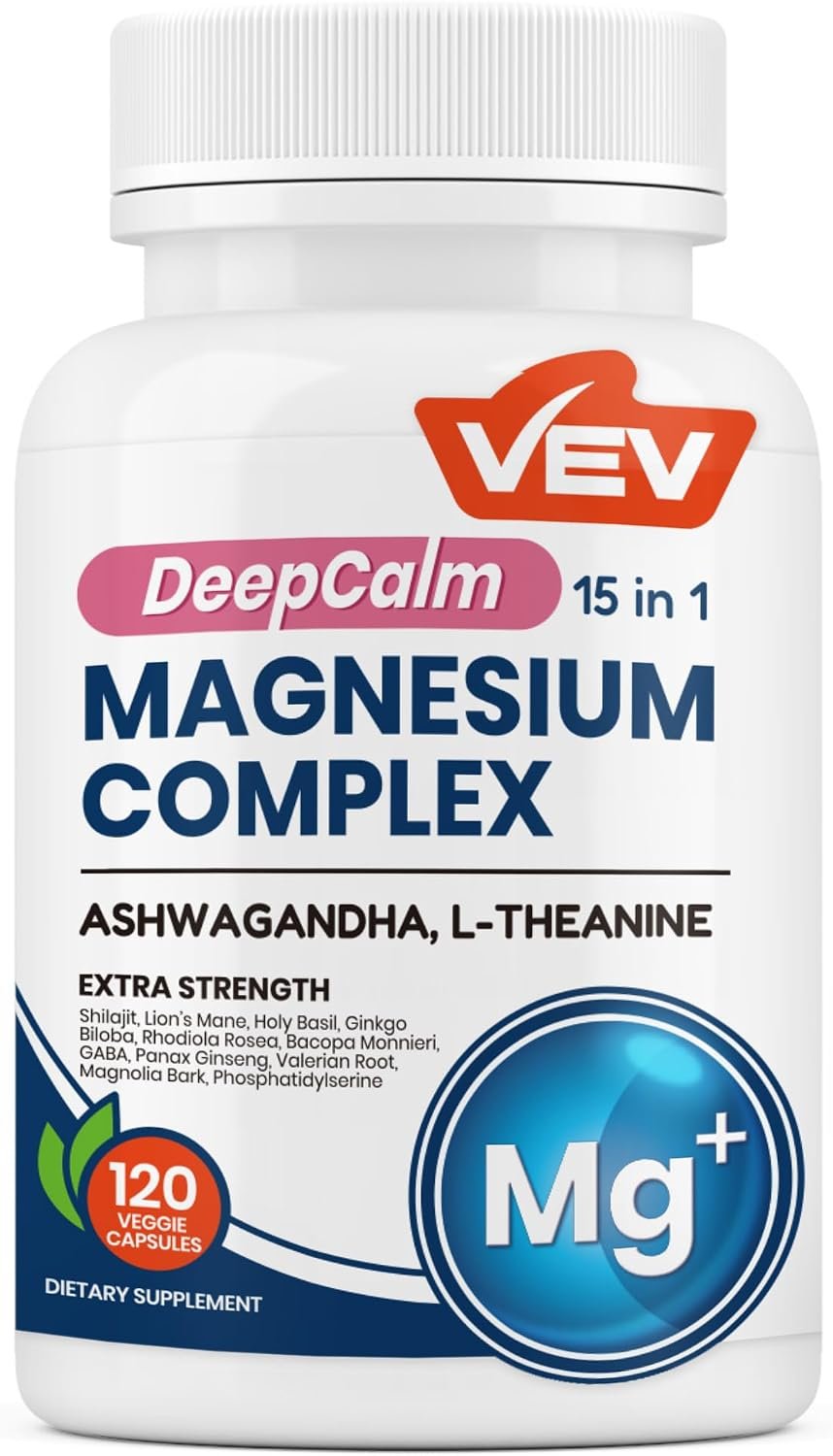 VEV DeepCalm 15-in-1 Magnesium Complex for Women & Men, 120 Caps | 15-in-1 Magnesium Supplement, Sleep, Glycinate & Citrate Vegan Capsules with Ashwagandha & L-Theanine