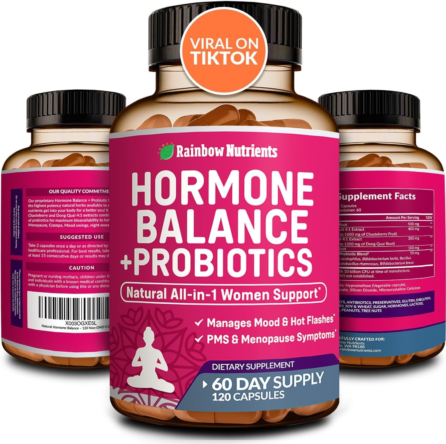 Hormone Balance + Probiotics for Women- Natural Menopause Relief, Weight Management, Bloating, Hot Flashes, PMS | Organic Maca, Chasteberry, Dong Quai & Black Cohosh | Non GMO |120 V Capsules | All Natural, NON GMO, Made in USA