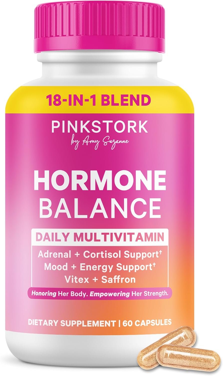 Pink Stork Hormone Balance Multivitamin for Women, 60 Vegan Capsules | 18-in-1 Vitex, Saffron, Ashwagandha, Magnesium | Mood, Energy, Cortisol, Adrenal Support | PMS, Perimenopause Support