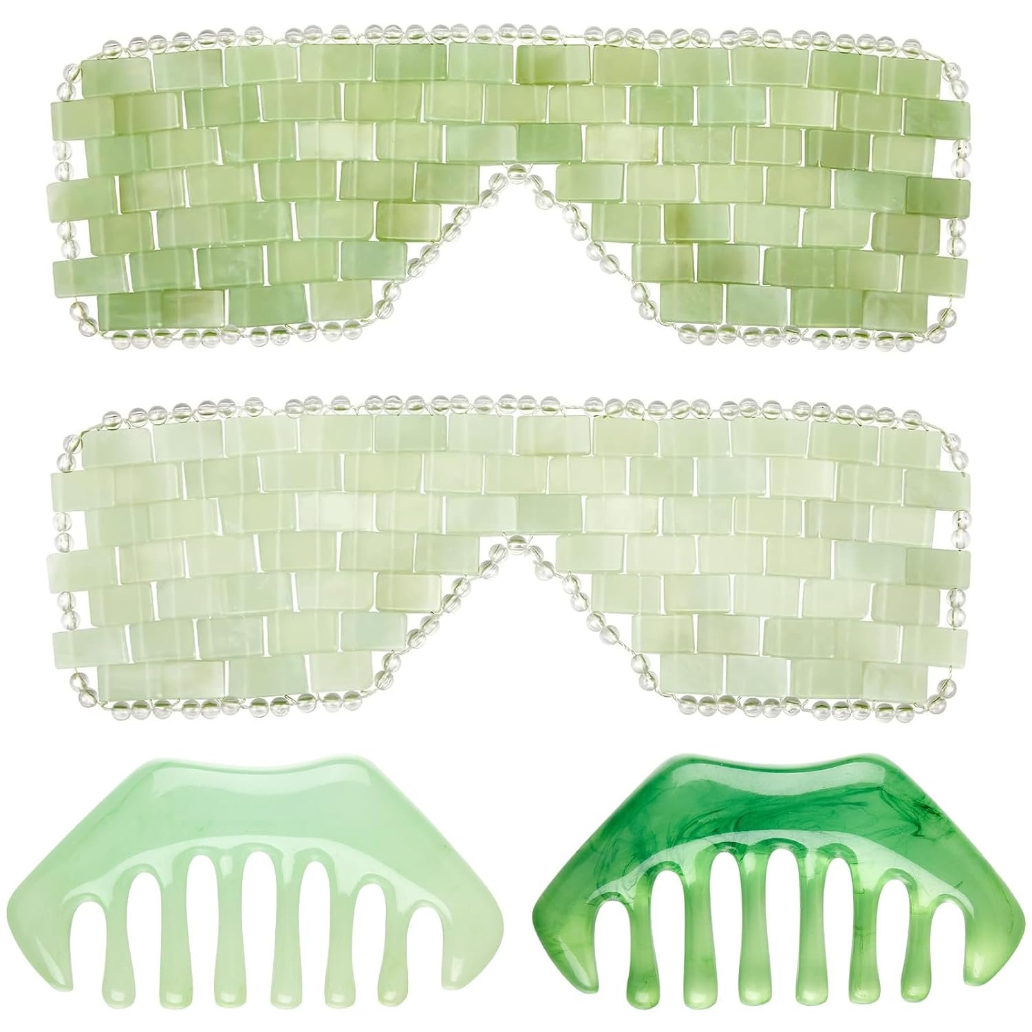 4 Pcs Jade Eye Mask and Hair Comb Set Green Jade Stone Eye Mask White Facial Cooling Set Resin Guasha Scalp Comb Facial Massage Tool for Relax Alleviate Puffiness Esthetician Supply (Fresh Color)