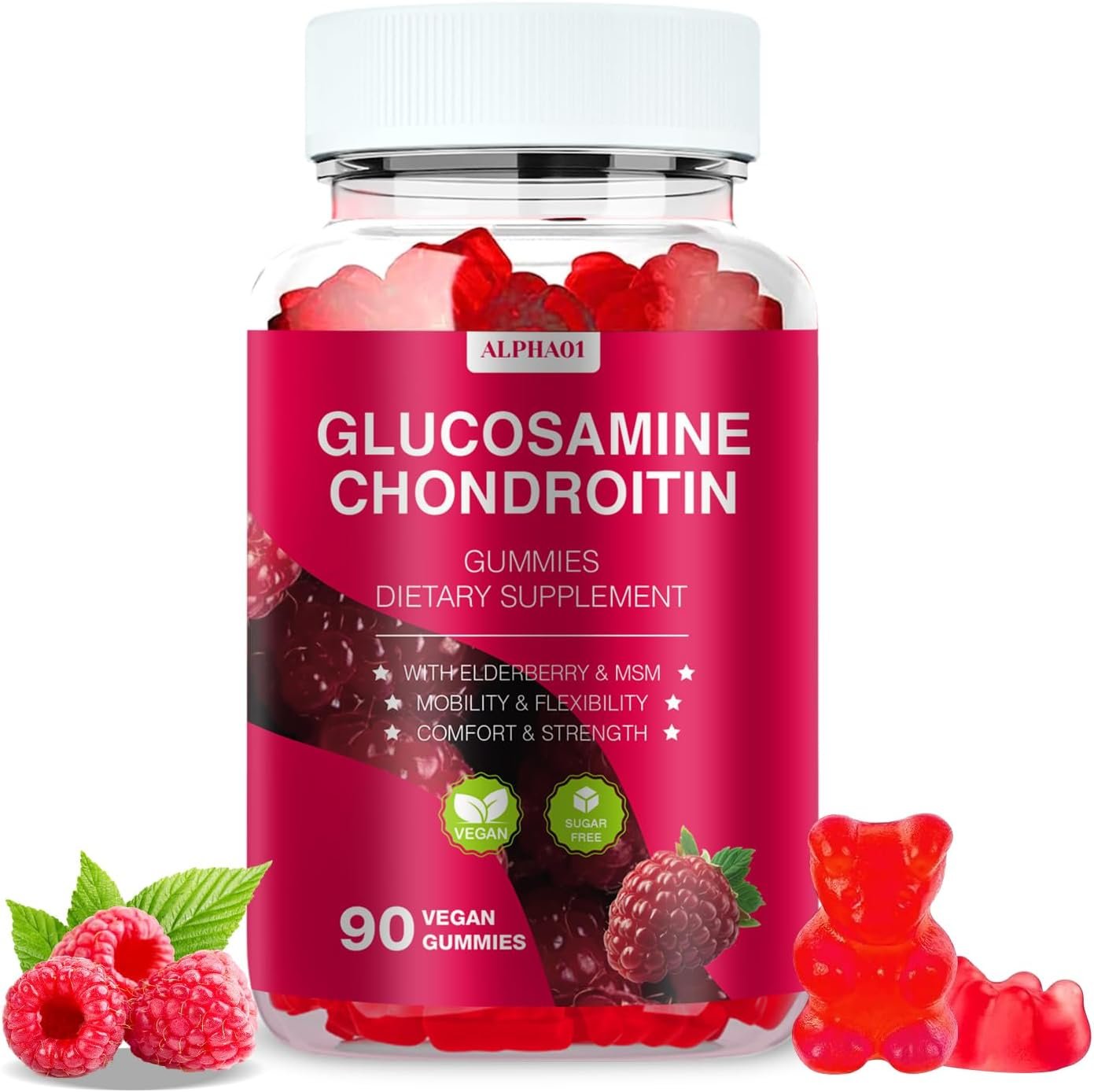Glucosamine Chondroitin Gummies – 3000MG Extra Strength Joint Support Supplement with MSM & Elderberry, Flexibility, Antioxidant Immune Support Gummy for Adults, Men & Women – 90 Raspberry Gummies