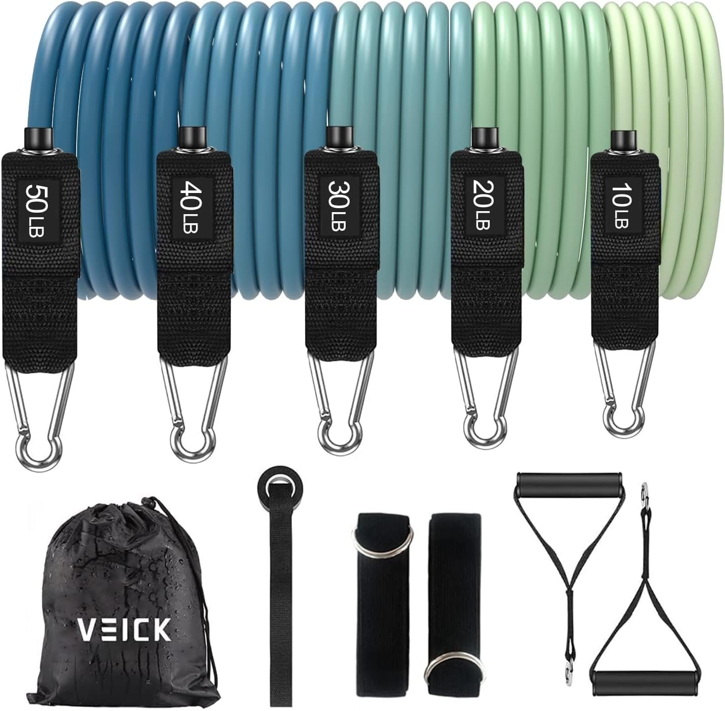 VEICK Resistance Bands with Handles, Ankle Straps, Door Anchor | 100% Natural Latex, 10-150LBS, Versatile for Yoga, Pilates, Strength, Home Gym