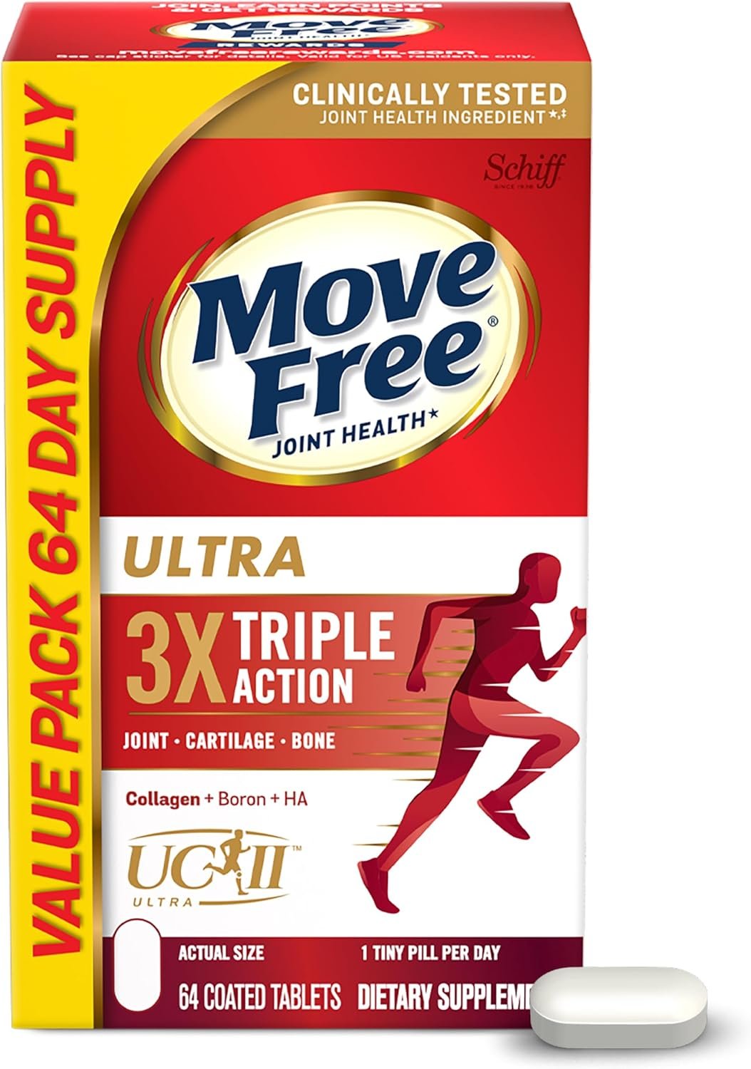 Move Free Ultra Triple Action Joint Support Supplement – Type II Collagen Boron & Hyaluronic Acid – Supports Joint Comfort, Cartiliage & Bones in 1 Tiny Pill Per Day, 64 Tablets (64 servings)* | Type II Collagen Boron & Hyaluronic Acid, Supports Joint Comfort, Cartilage & Bones in 1 Tiny Pill Per Day, Daily Supplements