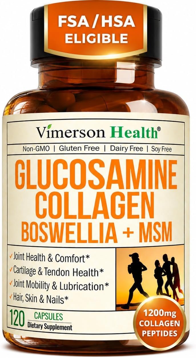 Glucosamine Chondroitin with 1200mg Hydrolyzed Collagen Peptides, Boswellia Extract, Quercetin, Bromelain, MSM – Hair Skin Nails and Joint Supplement for Women & Men – FSA Eligible 120 Capsules