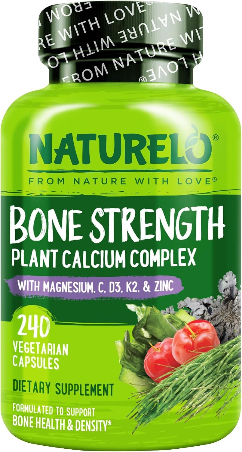 NATURELO Calcium Supplement – with Vitamin C, Vitamin D3, K2, and Calcium Magnesium Zinc for Bone Strength with Calcium 600mg – Plant-Based, 240 Vegetarian Capsules, Non-GMO, Soy & Gluten-Free