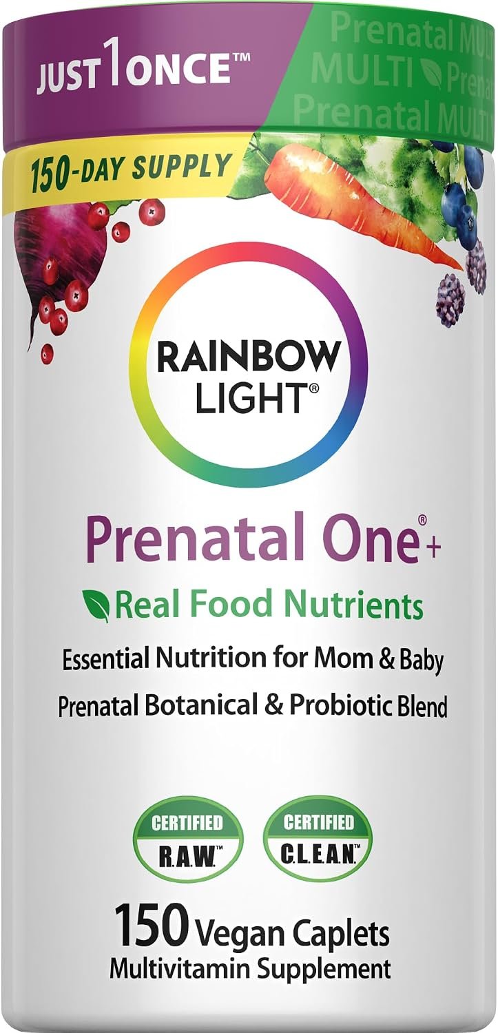 Rainbow Light Prenatal Multivitamin One + for Women with Probiotics | 150 Caplets | Essential Nutrition for Mom & Baby | with Vitamins C & D, Folate, Choline, Iron and More