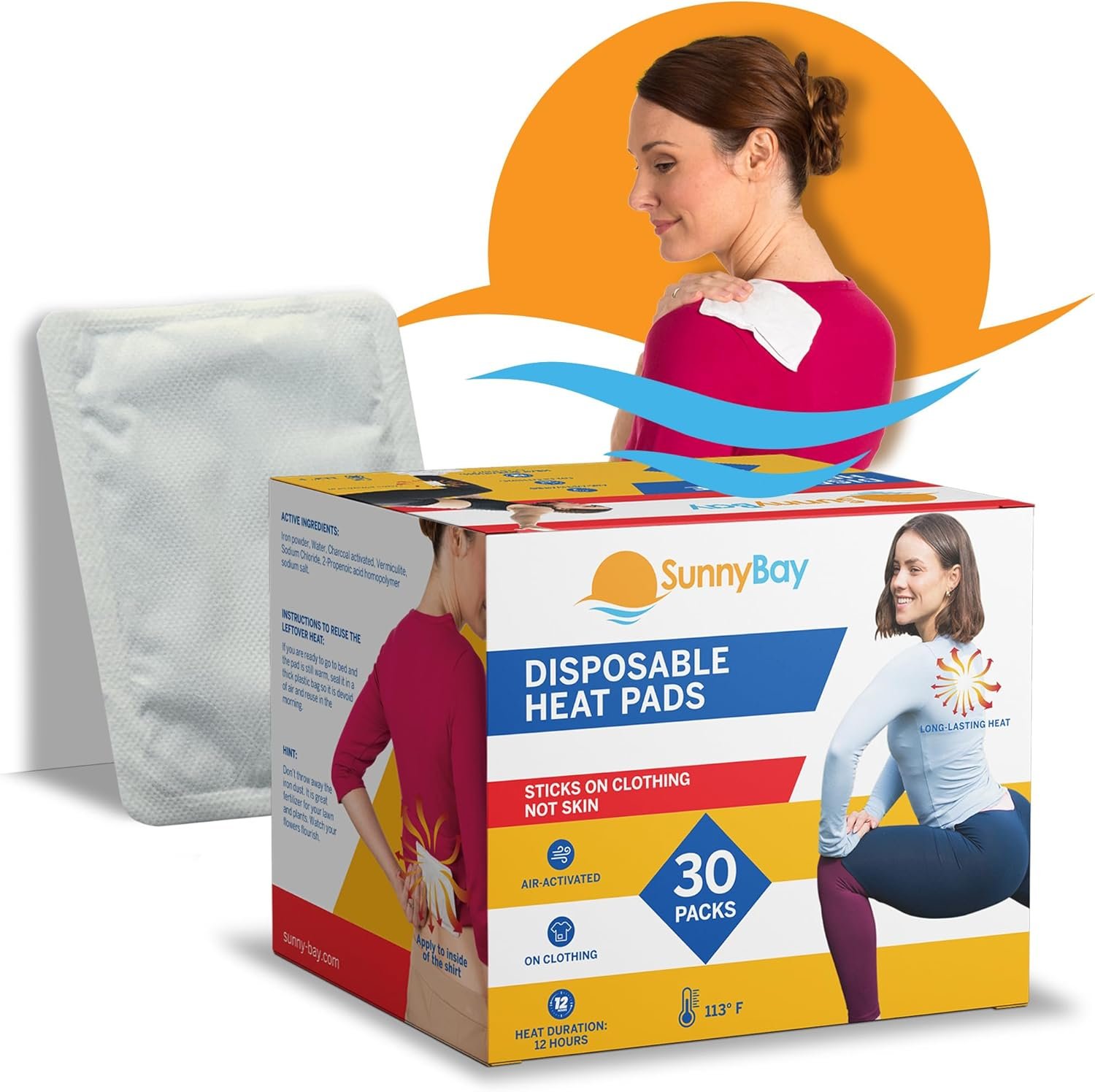 SunnyBay Adhesive Heat Patches for Neck, Knee, and Upper or Lower Back, Air-Activated Heat Pads for Menstrual Cramps, Stiffness, Sprains, and More, Stick to Clothing, 5×3 inches, 30 Count