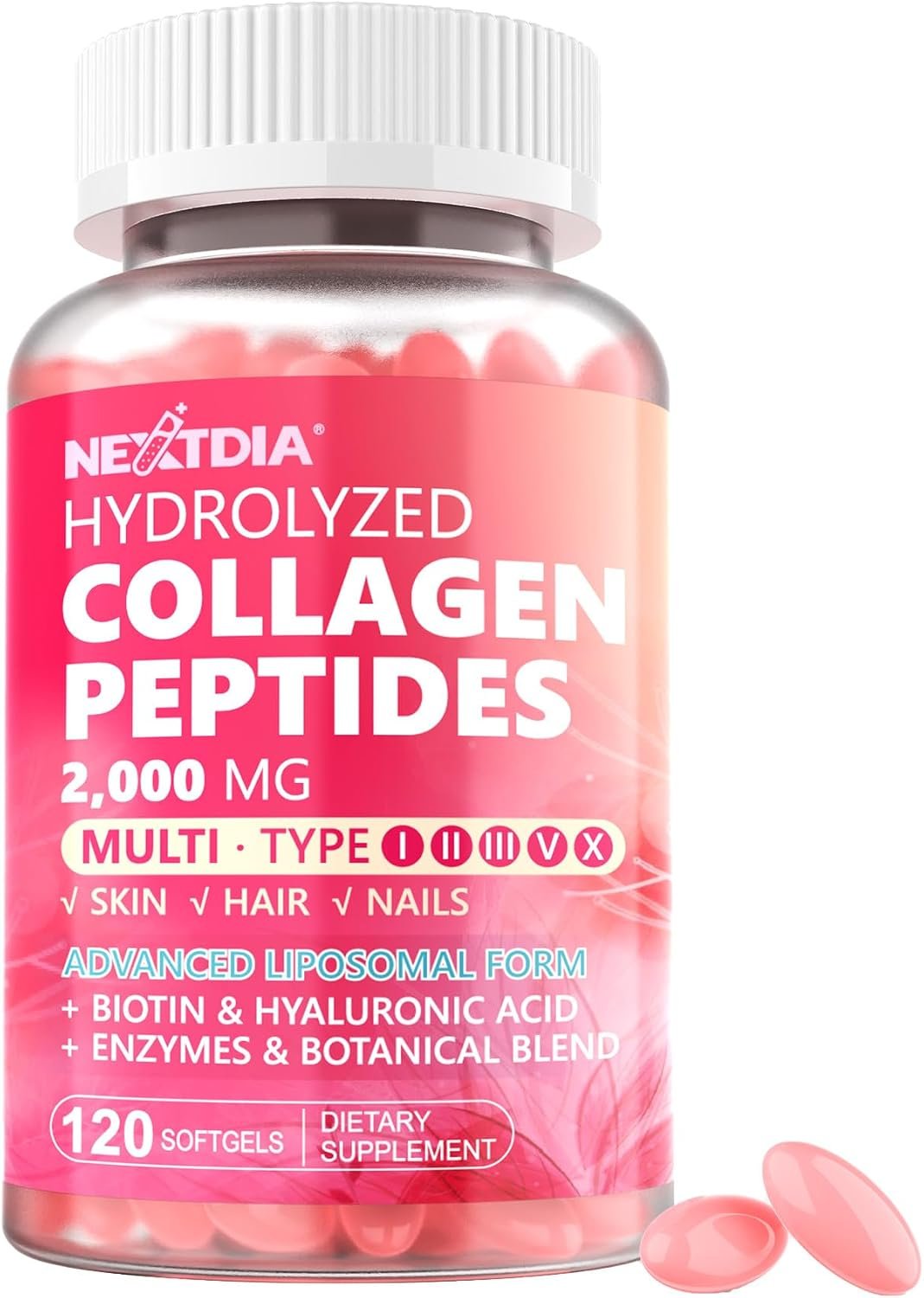 Hydrolyzed Collagen Peptides Supplements Pills for Women 2000mg Gel Capsule | Liposomal Form Liquid Collagen Multi Type I II III V X for Optimal Absorption, with Hair, Skin & Nails Vitamins, 120 Softgels