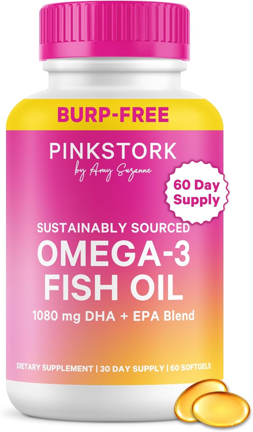 Pink Stork Omega 3 Fish Oil Supplements for Women, 60 Softgels | DHA + EPA, High Potency, Burpless, Mental Clarity, Cognitive Health, Fetal Brain + Nervous System Development, 2 Month Supply