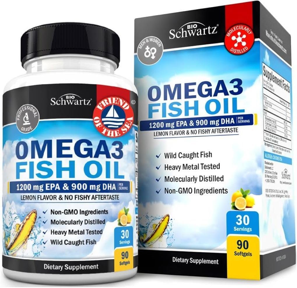 Triple Strength Omega 3 Fish Oil 3000mg for Women and Men, 90 Softgels | High Potency Omega 3 Supplement, Burpless Lemon Flavor Fish Oil – 2250mg Essential Fatty Acids with DHA & EPA, Wild Caught