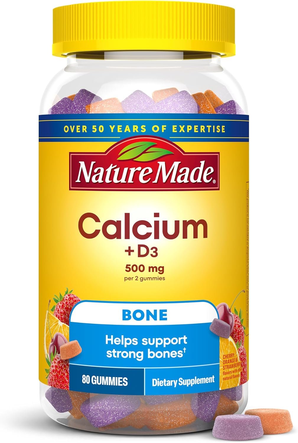 Nature Made Calcium Gummies 500 mg per Serving with Vitamin D3, 80 Gummies | Calcium Supplement for Bone Support, Calcium with Vitamin D Gummies, Cherry, Orange and Strawberry Flavors, 40 Day Supply
