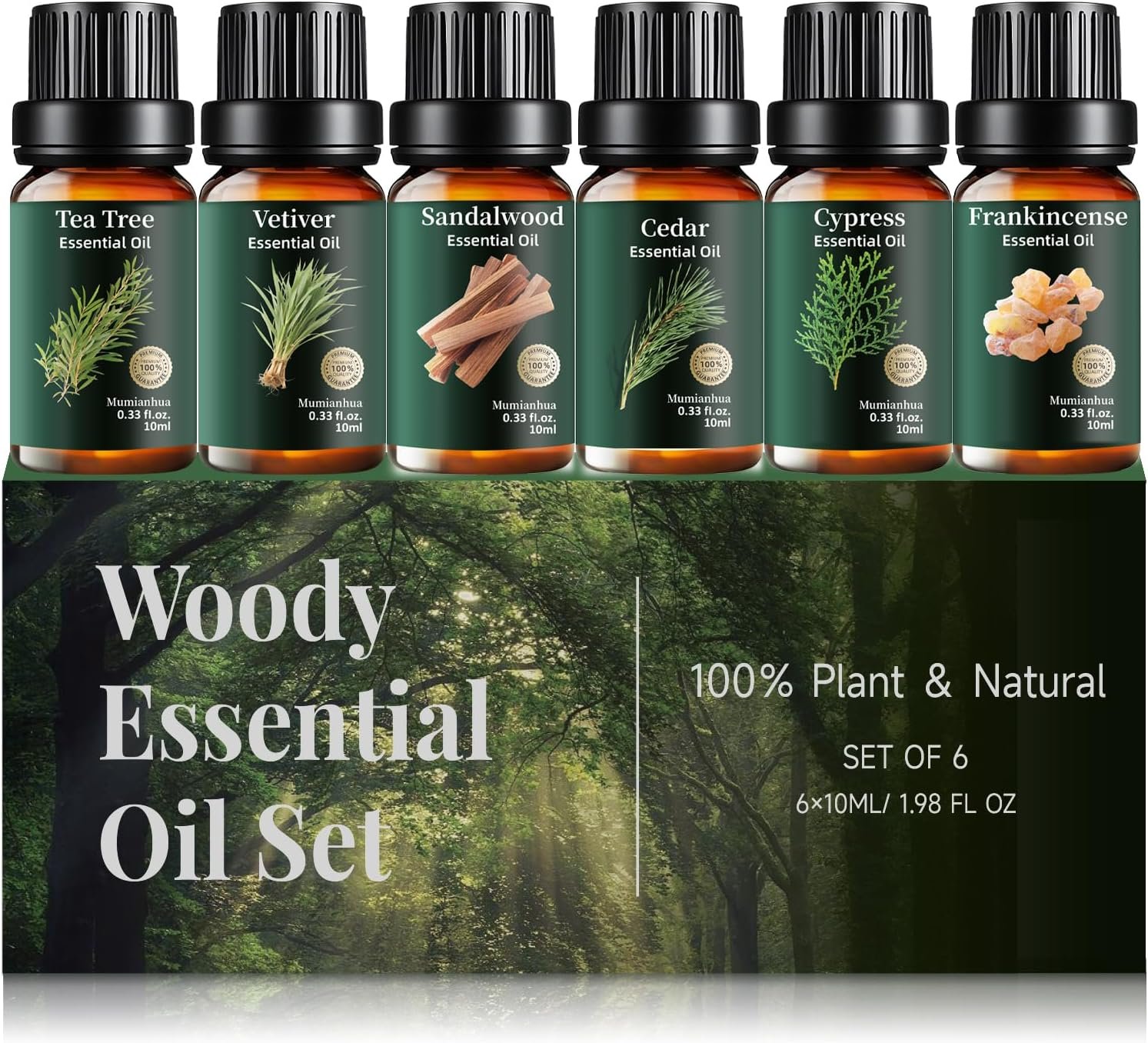 Woody Essential Oils Set – Sandalwood, Cedar & Frankincense, 6x10ml | Mumianhua 6 Oil Set – Tea Tree, Cypress & Vetiver, For Diffuser, Meditation & Outdoor Spray, Skin
