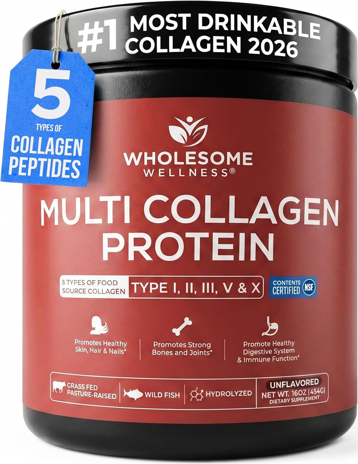 Wholesome Wellness Premium Multi Collagen Peptides Protein Powder for Women and Men, 5 Types of Hydrolyzed Collagen, Grass-Fed, Non-GMO & Unflavored, Pure Protein for Youthful Skin & Joint Recovery