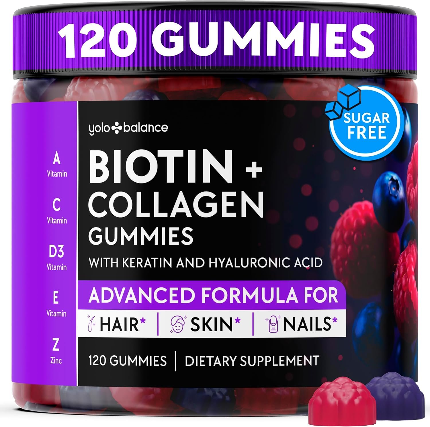 Biotin Gummies 10000mcg for Hair Growth Support – Sugar Free Multi Collagen with Keratin, Silica & Hyaluronic Acid – Pectin Based, Soft Chew Hair Skin and Nails Vitamins – 120 Count