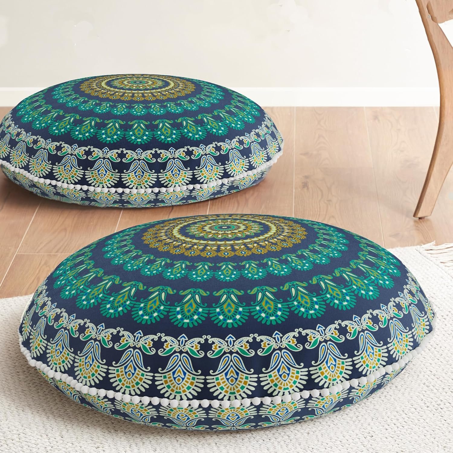 Codi Floor Pillows 2 Pack, Large Meditation Cushions for Adults, 32-inch | Oversized Round Seating for Yoga & Zen, Supportive Shredded Memory Foam Filling, Removable Machine Washable Boho Cover, Green