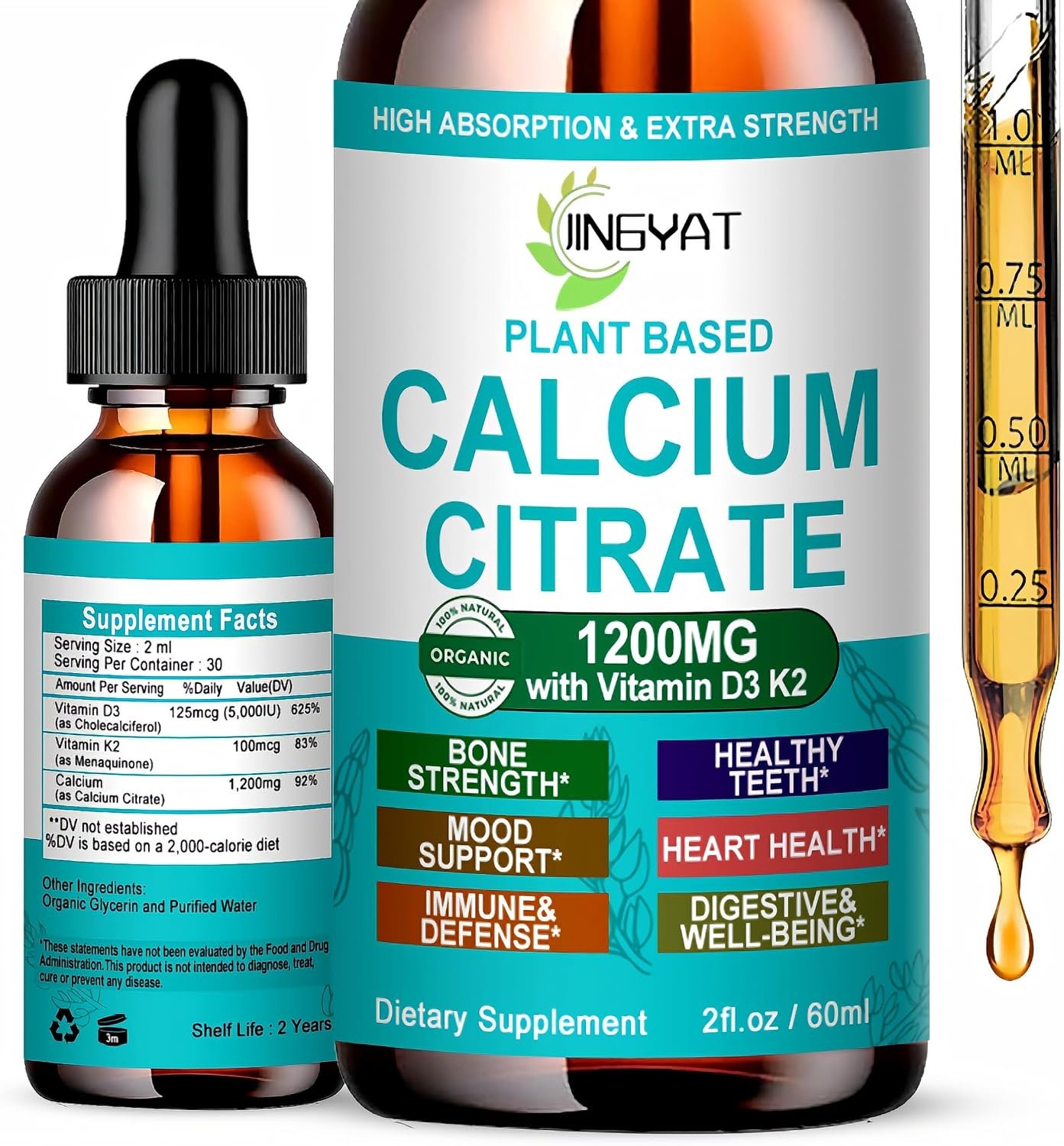 Calcium Supplements for Women Liquid Drops, High Absorption Calcium 1200mg with Vitamin D3 K2 for Bone and Teeth Support, Calcium Citrate Drops – Immune Support, Non-GMO, 30 Servings
