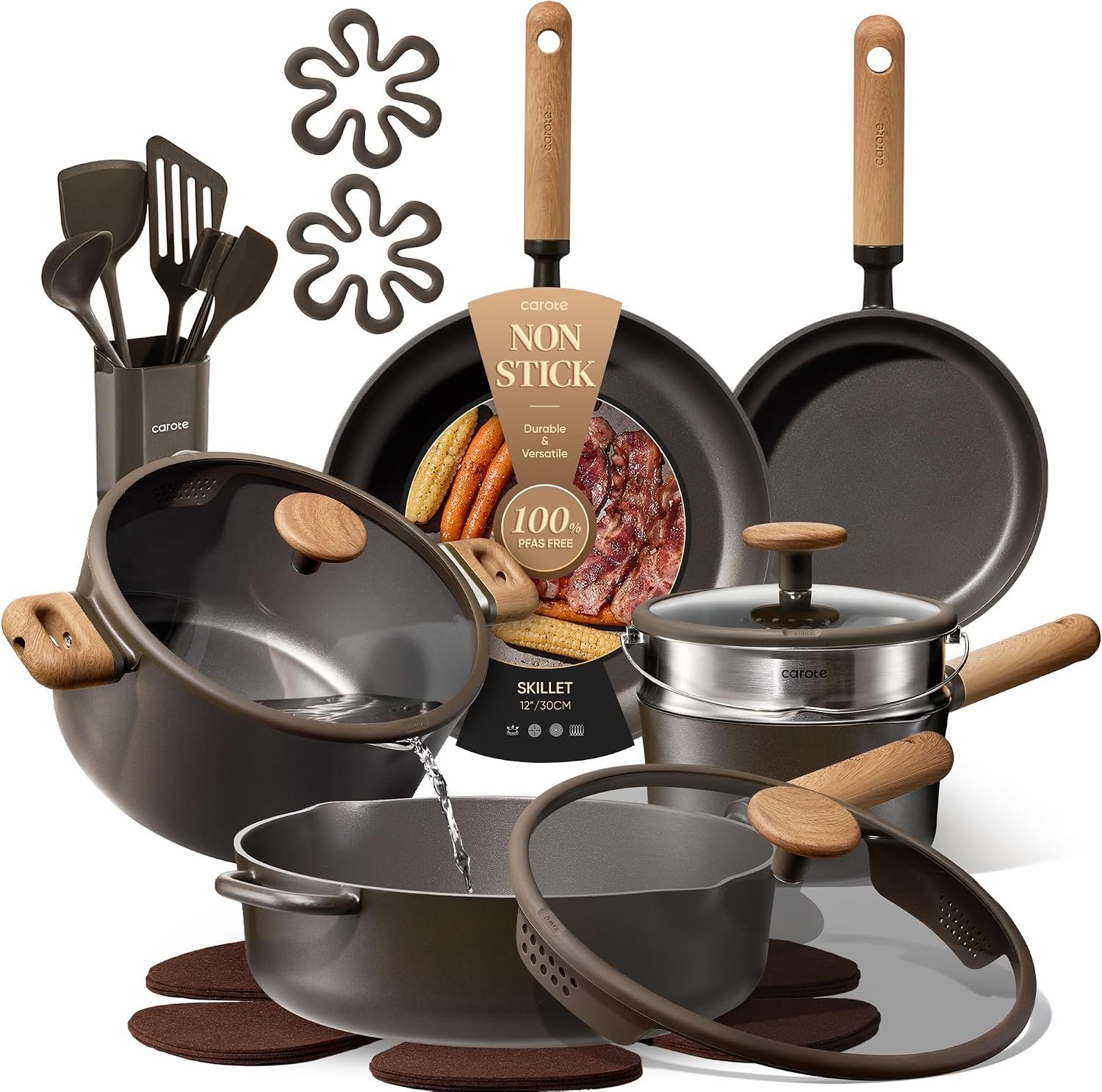 CAROTE 21pcs Nonstick Pots and Pans Set, Cookware Sets | Cooking Set, Dishwasher Safe, Induction Compatible, Even Heating, Stay Cool Handle, with Silicone Lids