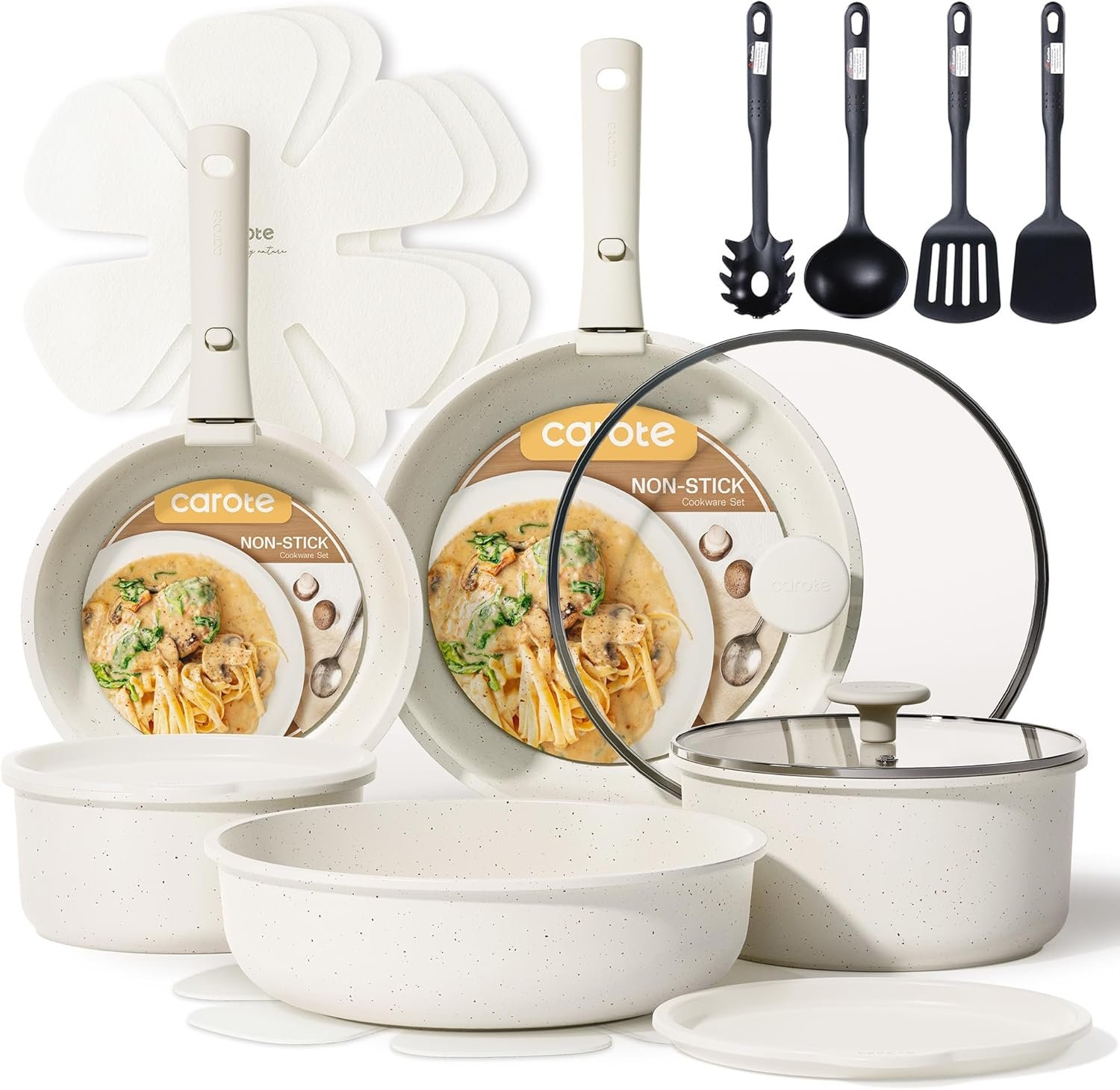 CAROTE 19pcs Pots and Pans Set Non Stick, Detachable Handle Cookware | Kitchen Cooking Sets, Space Saving, Dishwasher & Oven Safe, Non-Toxic, for Camping/RV/Traveling, Cream White