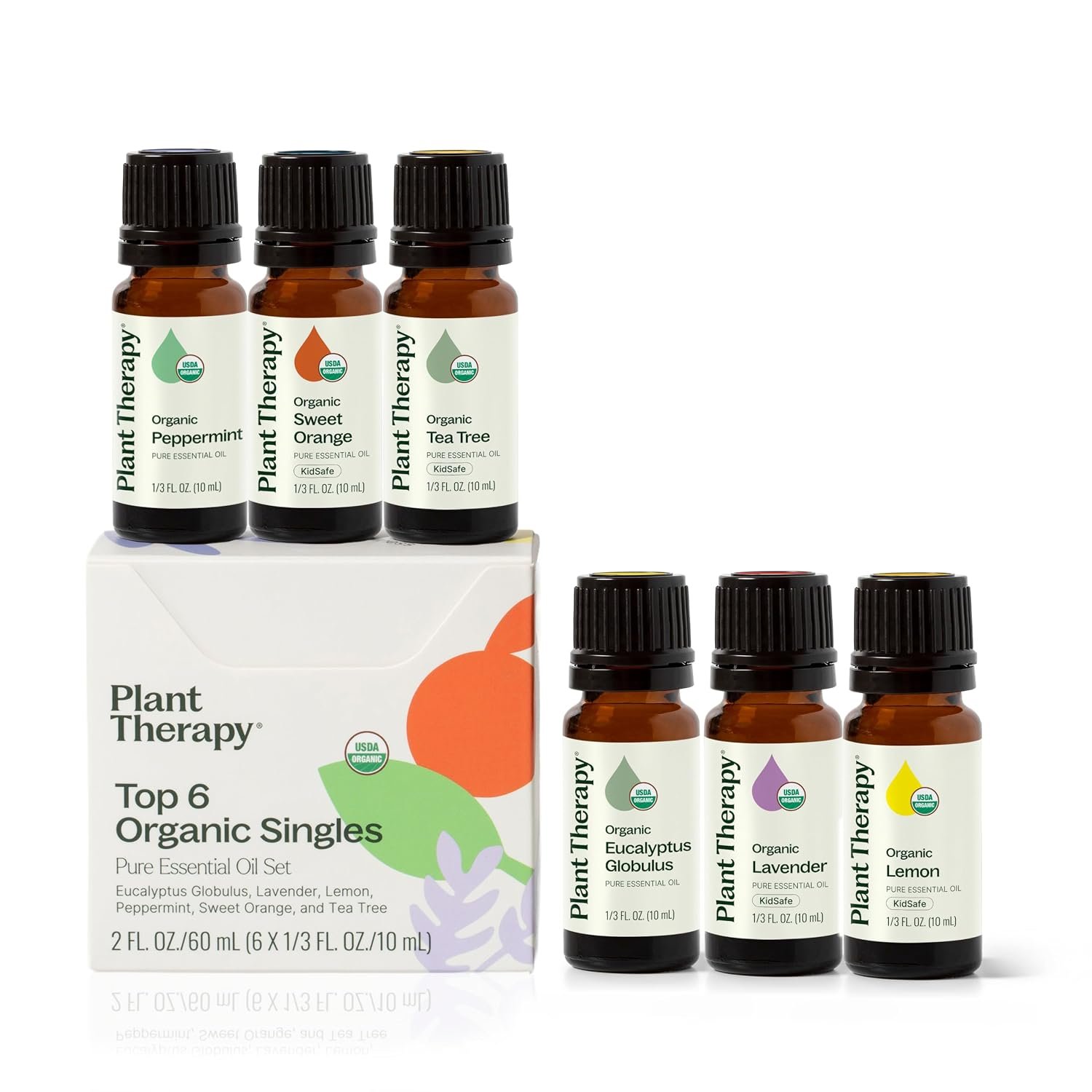 Plant Therapy Top 6 USDA Organic Essential Oil Set for Diffusion & Topical | Includes Lavender, Peppermint, Eucalyptus, Lemon and Tea Tree Pure Essentail Oils, 10 mL (1/3 oz) Each