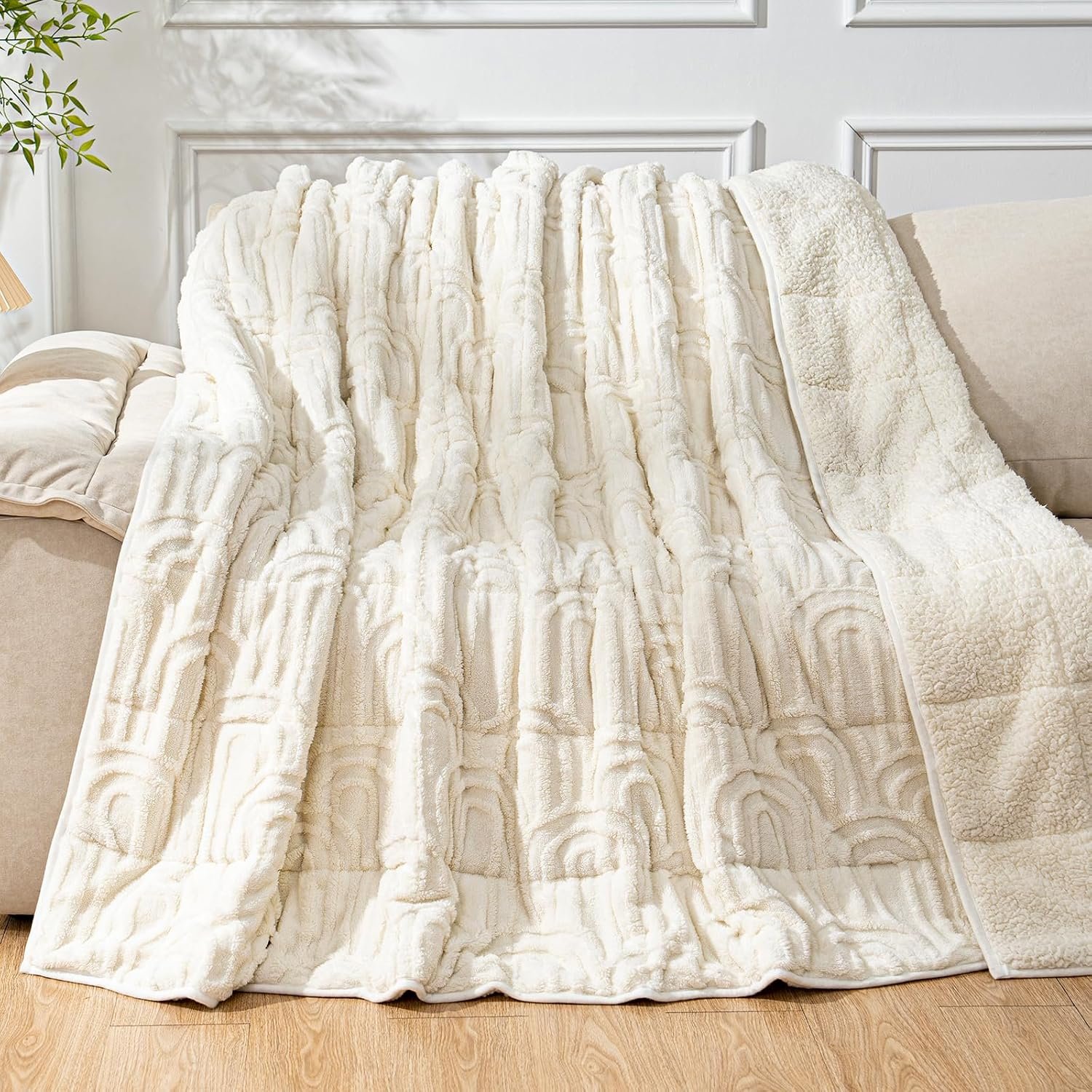 Cottonblue Weighted Blanket for Adults 15lbs Queen Size 60″x80″ Soft Fleece | Fuzzy Fleece Jacquard Weighted Blanket Throw for Sleep Calm Relax, Fuzzy Warm Sofa Heavy Blanket, Cream White Arch, Washable