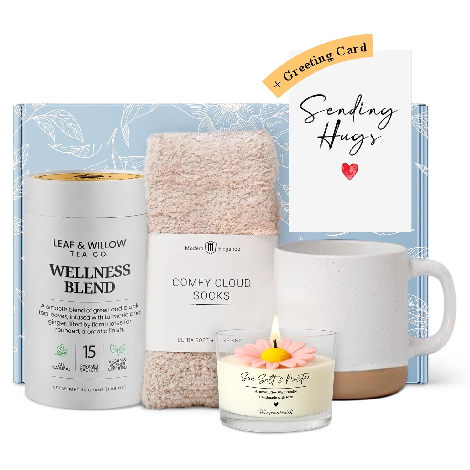 Modern Elegance Tea Gift Set for Women – Relaxation & Self-Care Care Package with Ceramic Mug, Cozy Cloud Socks, Hand-Poured Candle & Sending Hugs Card (Wellness Blend)
