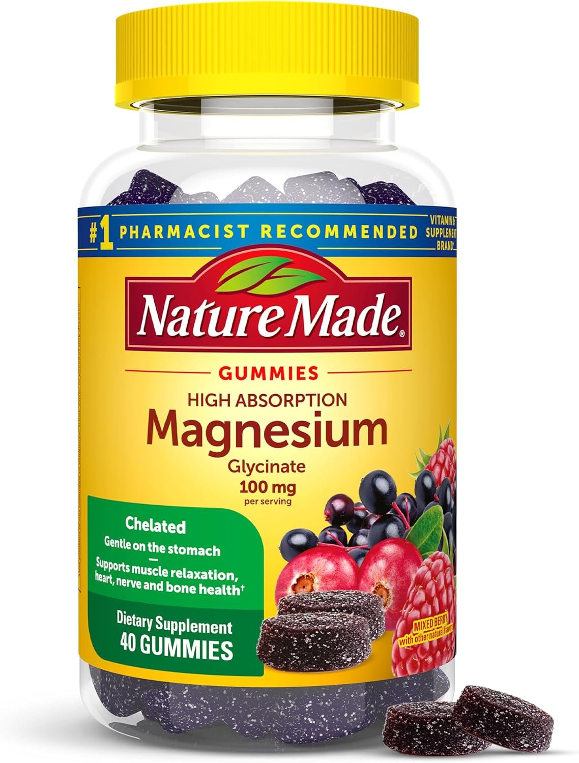 Nature Made High Absorption Magnesium Glycinate Gummies, 40 Count | Magnesium Supplement 100 mg per Serving for Muscle, Nerve, Bone and Heart Support, Magnesium Gummies, 20 Day Supply